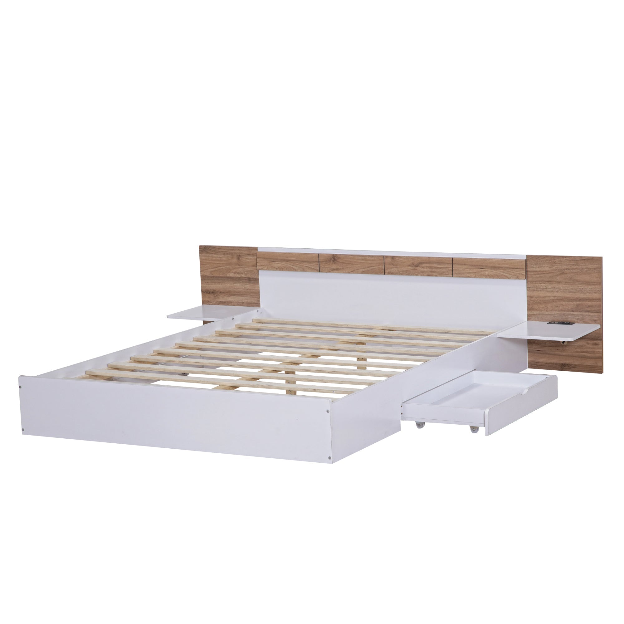 Queen Size Platform Bed with Headboard, Drawers, Shelves, USB Ports and Sockets White