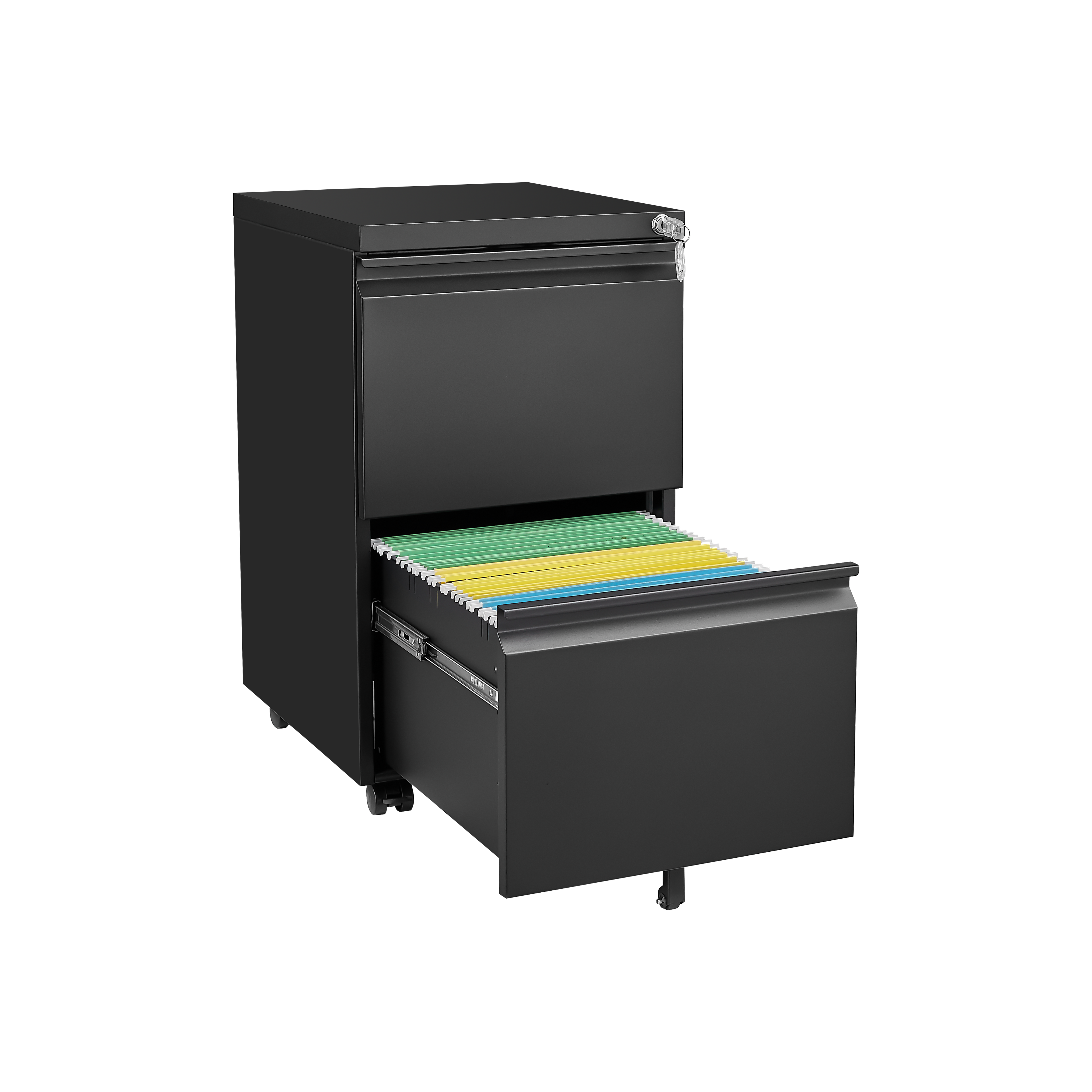 Metal 2 drawer mobile file cabinet with lock, 25.6-inch high legal/letter size file storage cabinet black