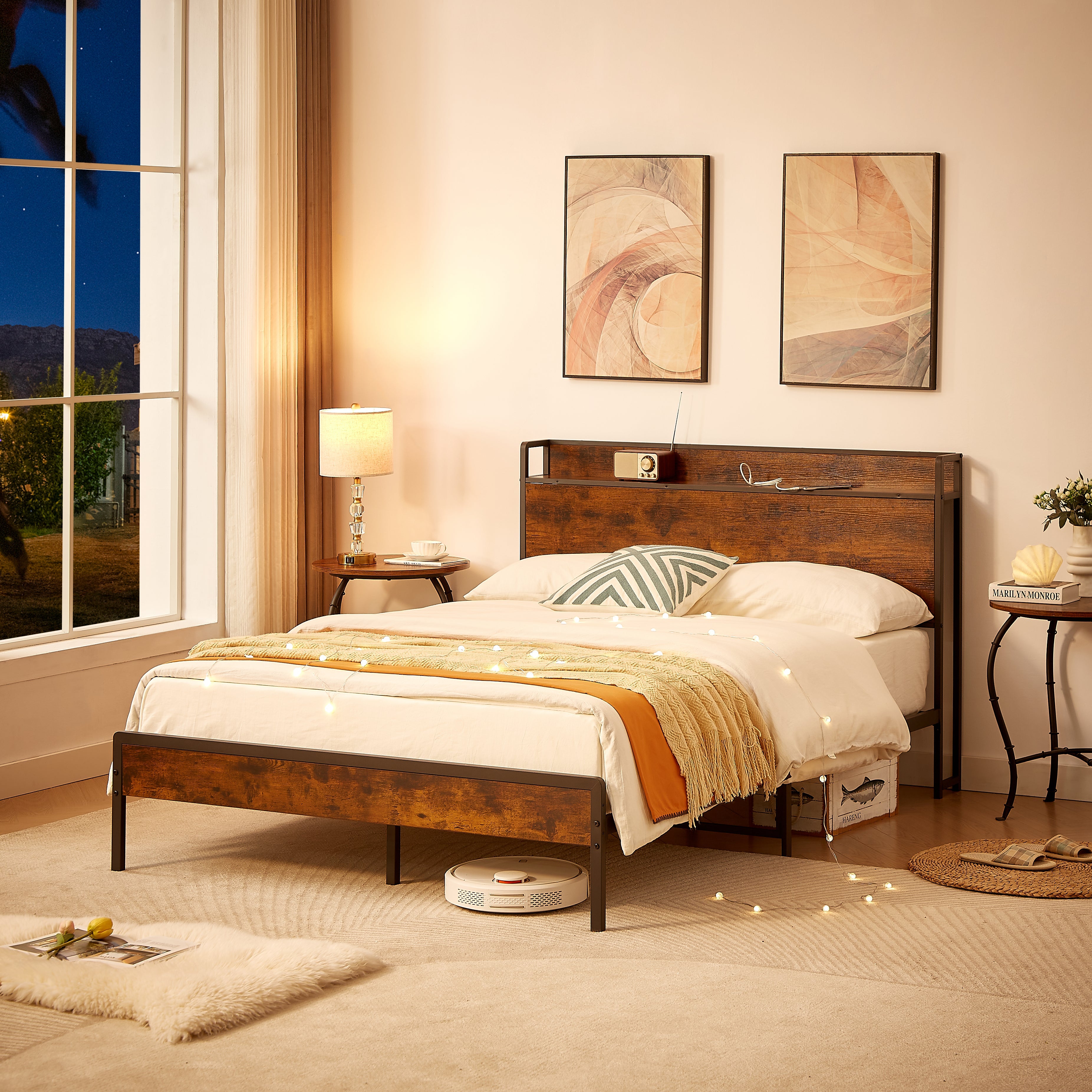 Bed frame with charging station full size, Rustic Brown, 83.1&