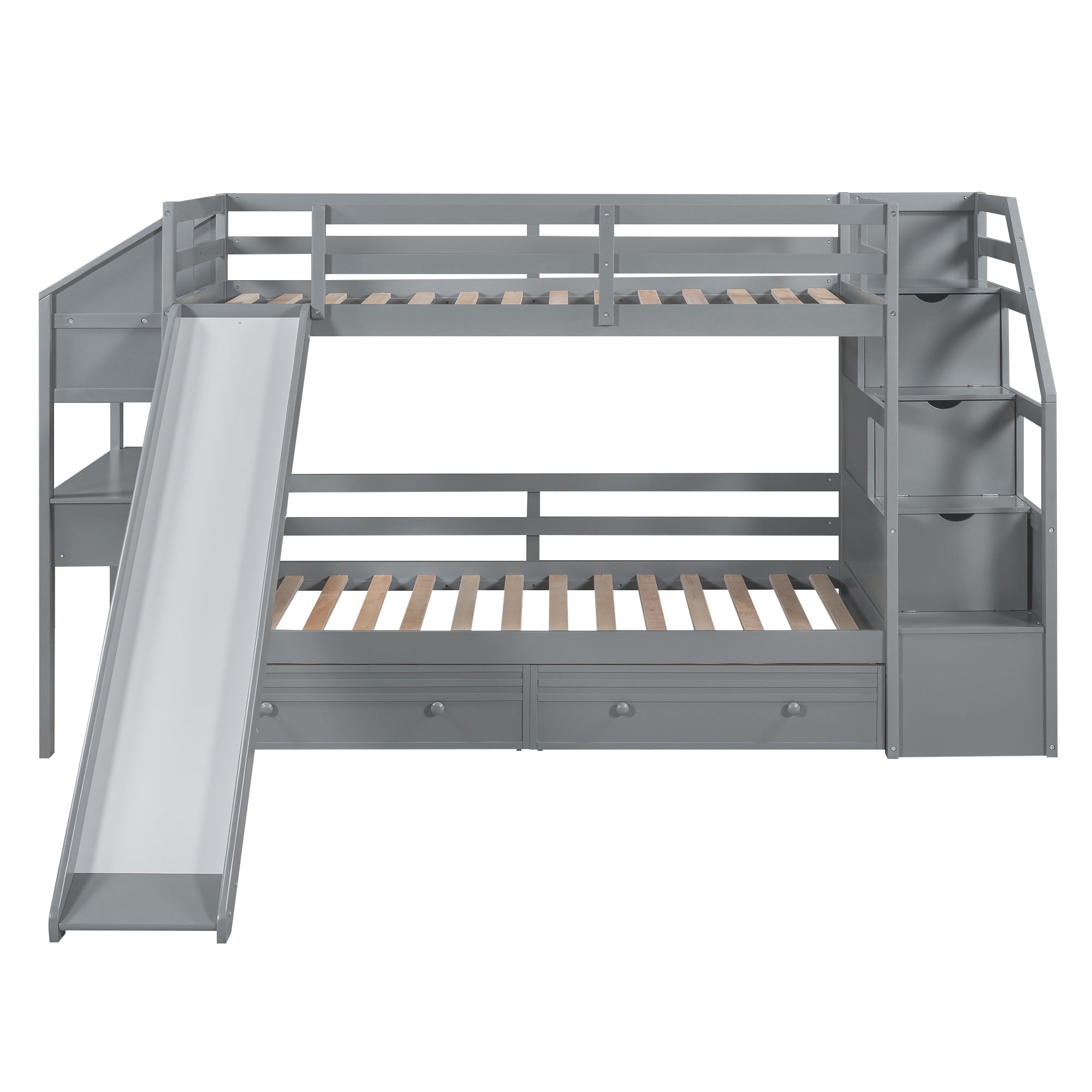 Twin over Twin Bunk Bed with Storage Staircase, Slide and Drawers, Desk with Drawers and Shelves Gray