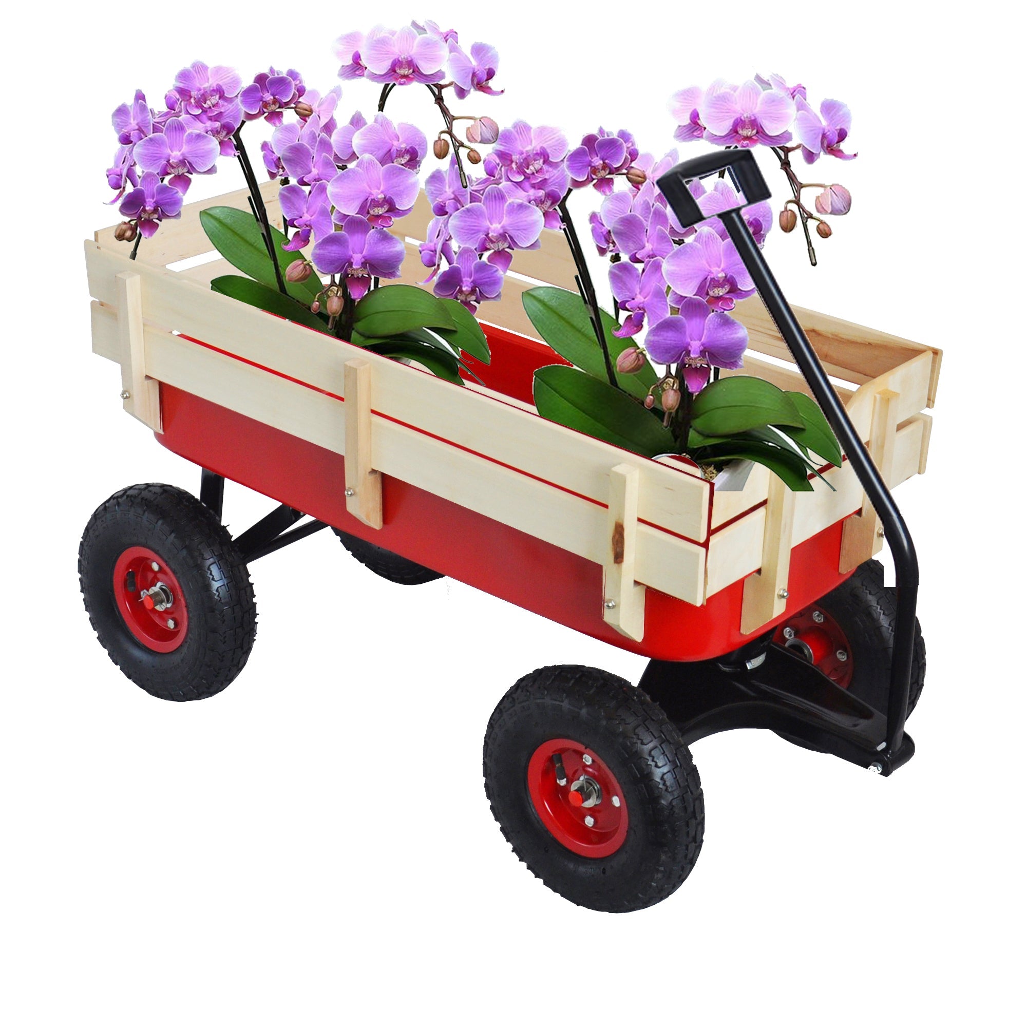 Outdoor Wagon All Terrain Pulling w/Wood Railing Air Tires Children Kid Garden(Red)