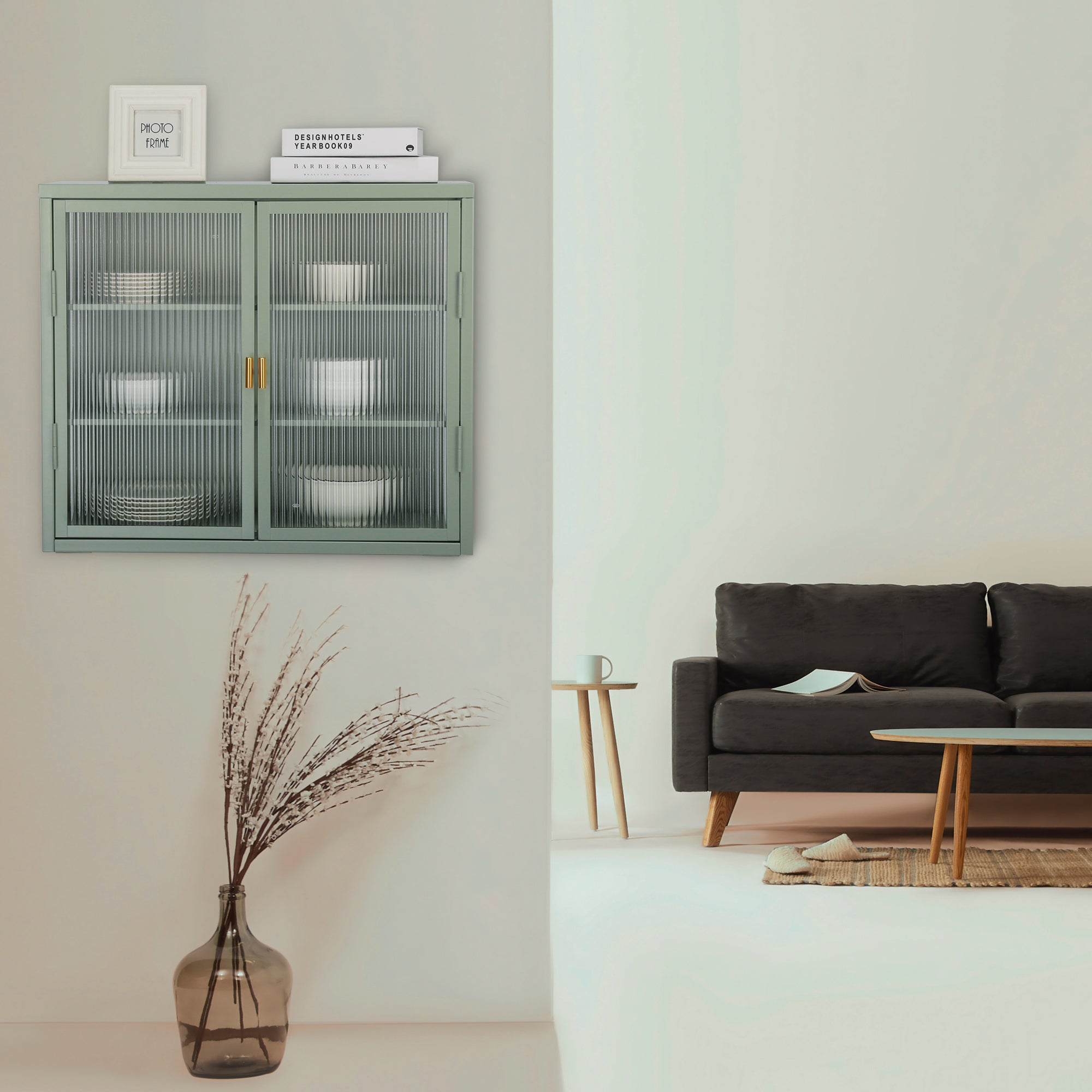 Retro Style Haze Double Glass Door Wall Cabinet With Detachable Shelves for Office Dining Room Living Room Kitchen