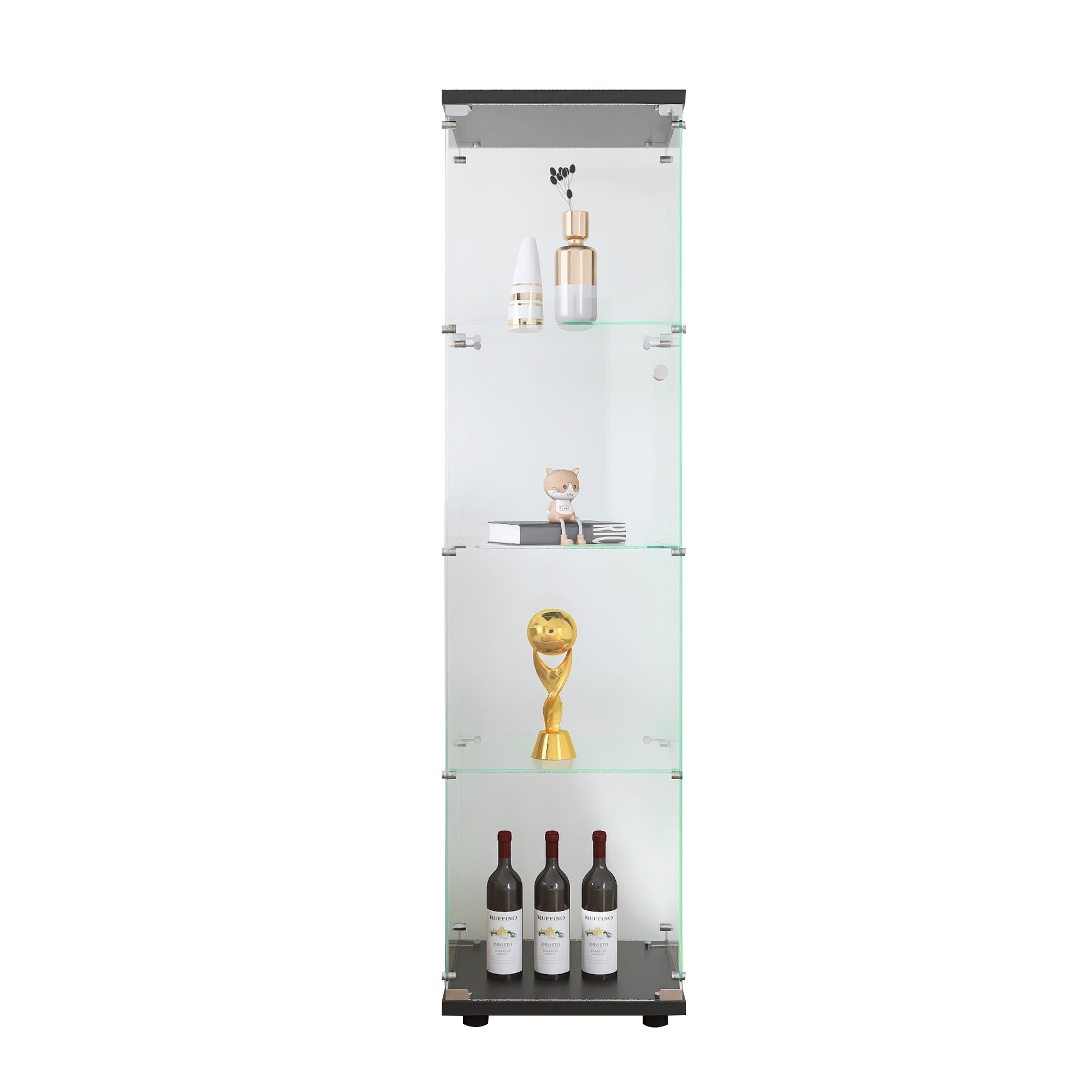 4 glass display cabinets with door shelves, floor standing antique bookshelf, 64.7 "* 16.7" * 14.3 ", black