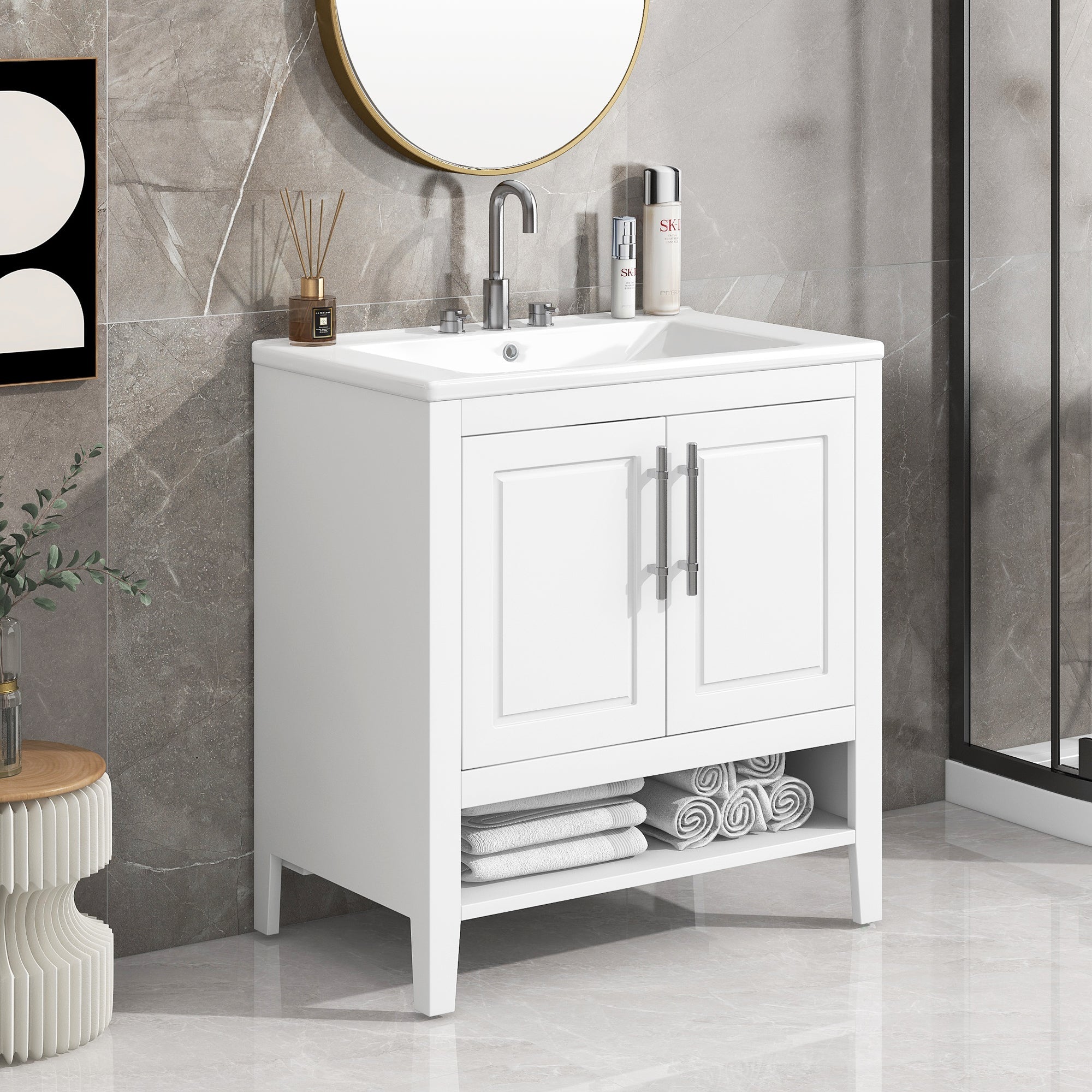 30" Bathroom Vanity with Sink Multi-functional Bathroom Cabinet with Doors and Drawers Solid Frame and MDF Board, White