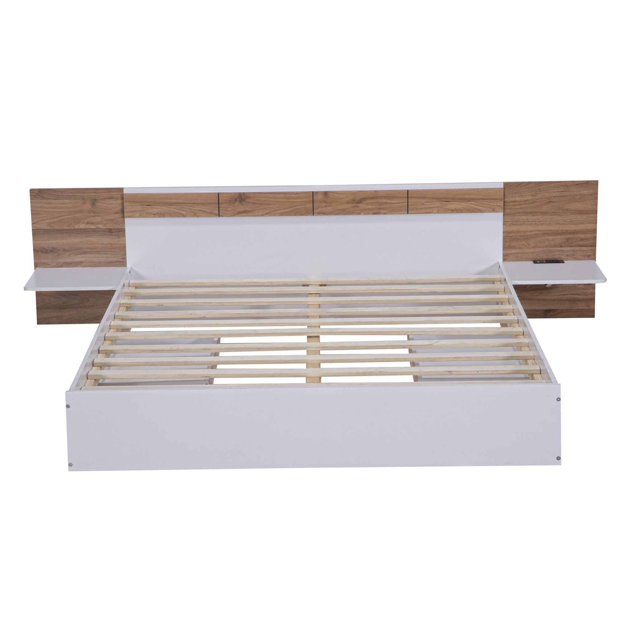 Queen Size Platform Bed with Headboard, Drawers, Shelves, USB Ports and Sockets White