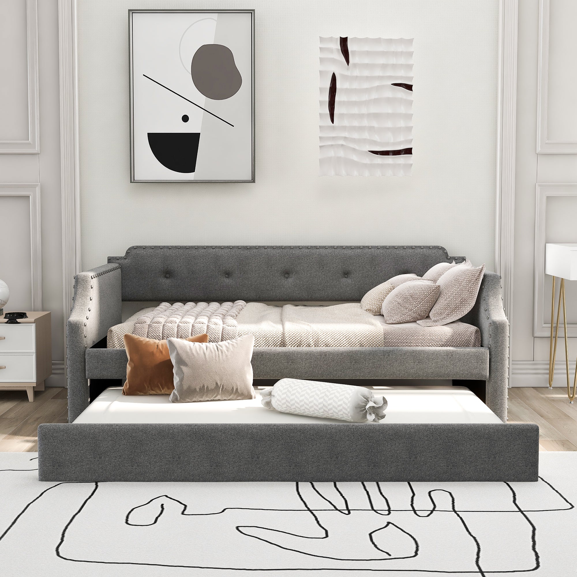 Upholstered Daybed with Trundle, Wood Slat Support,Upholstered Frame Sofa Bed Twin Gray
