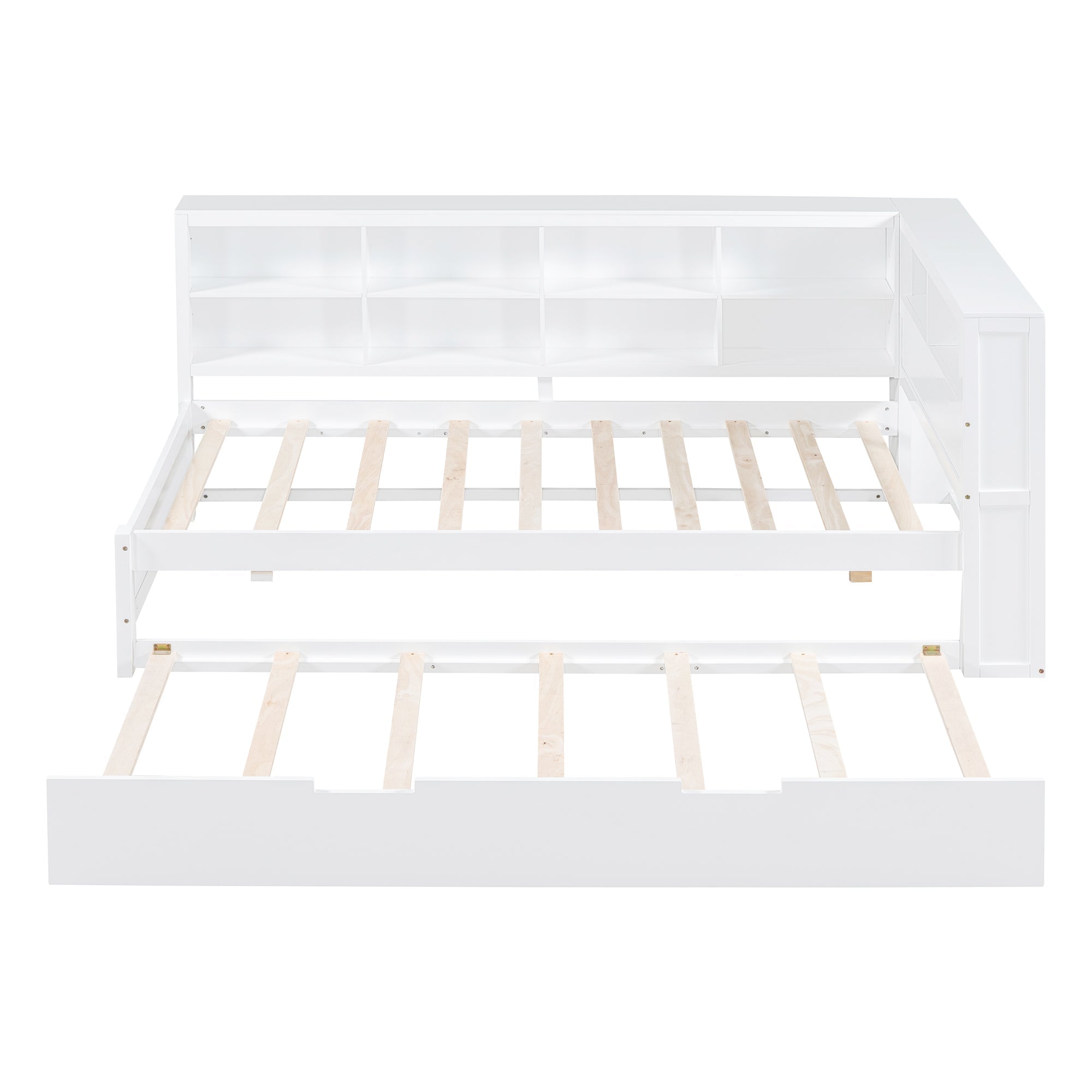 Wooden Twin Size DayBed with Twin Trundle, DayBed with Storage Shelf and USB Charging Ports,White