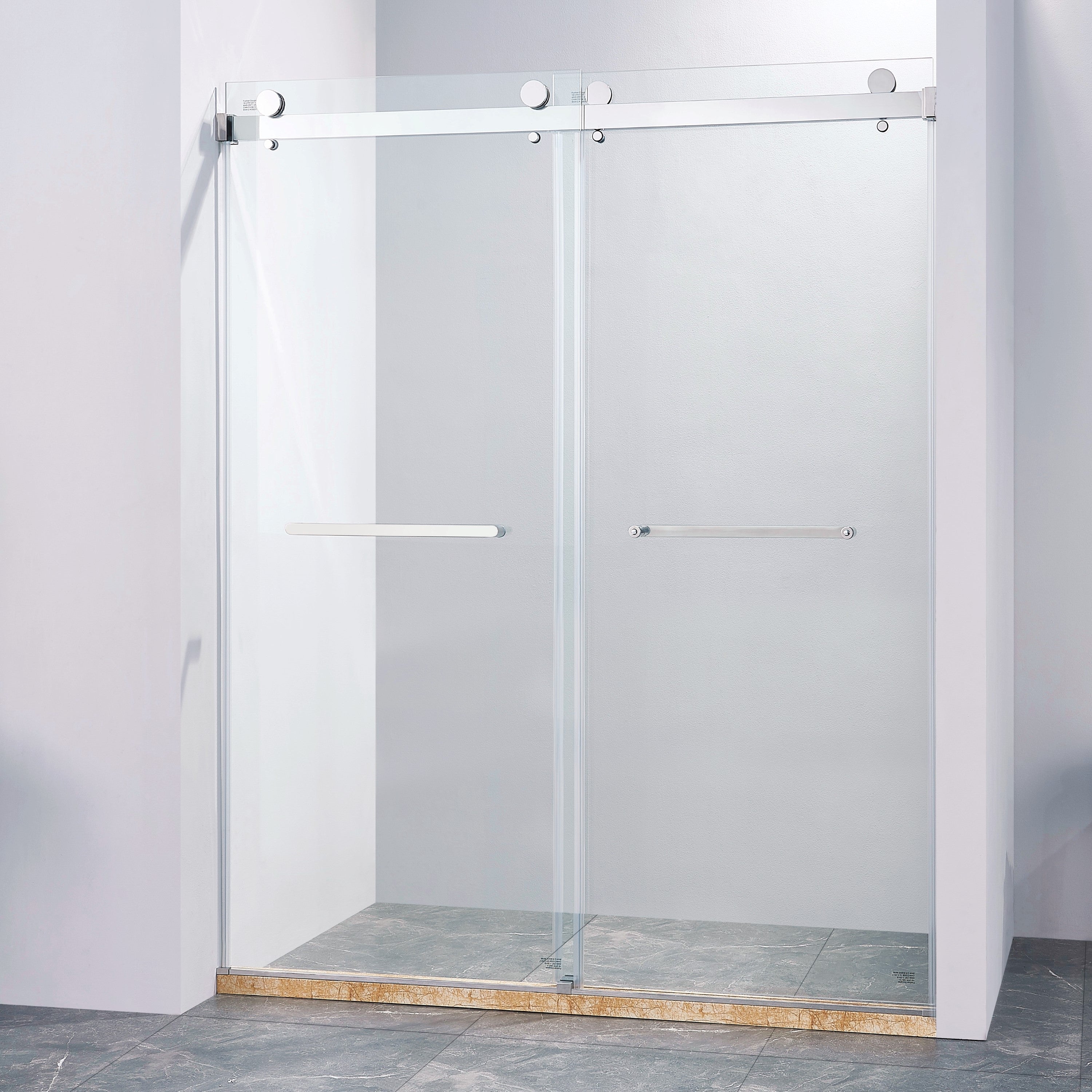 56-60 "wide x 75" high frameless double sliding shower door, 304 stainless steel chrome plated, 8mm thick SGCC tempered transpar