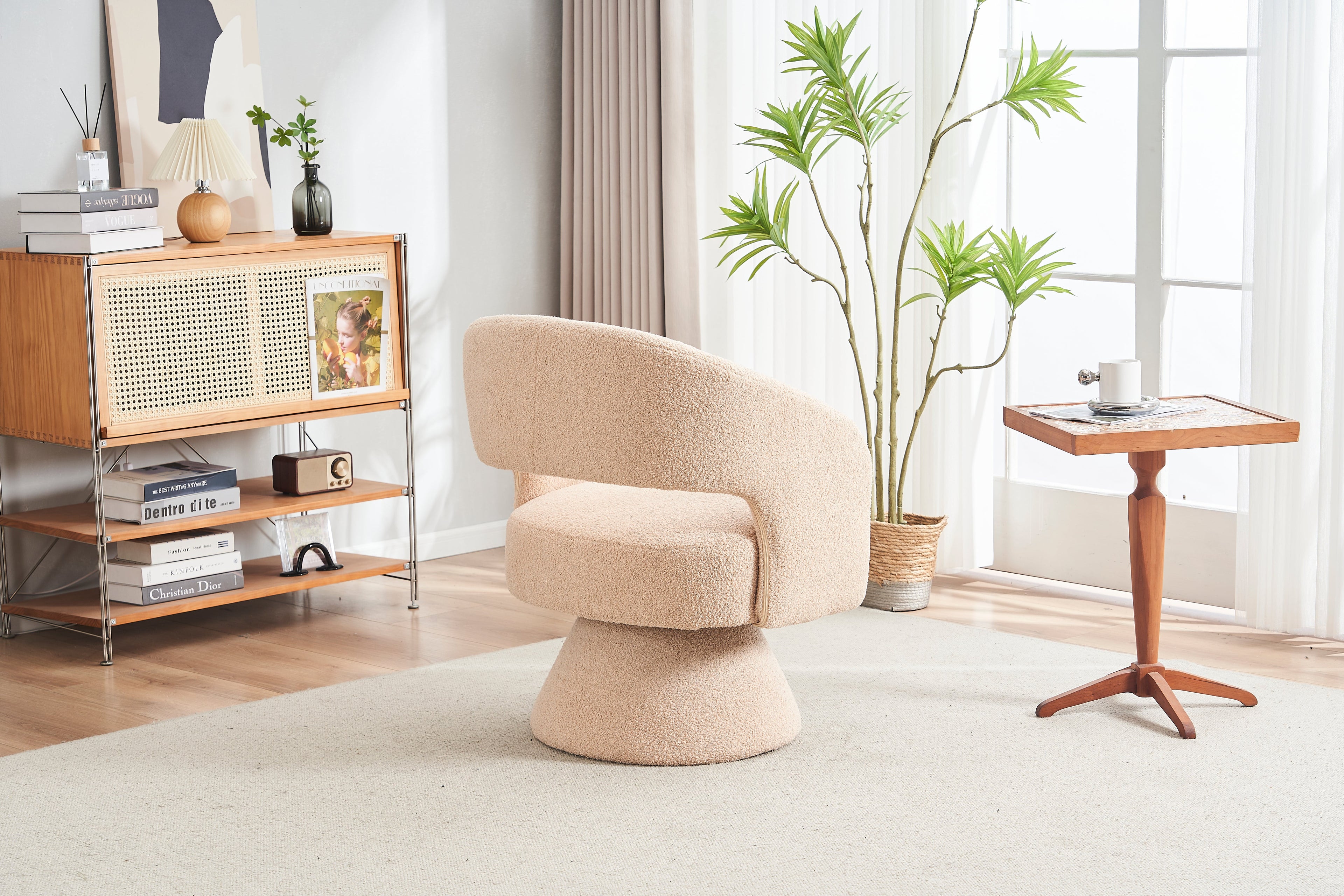 Swivel Accent Chair Armchair Round Barrel Chair in Fabric for Living Room Bedroom Nude Teddy
