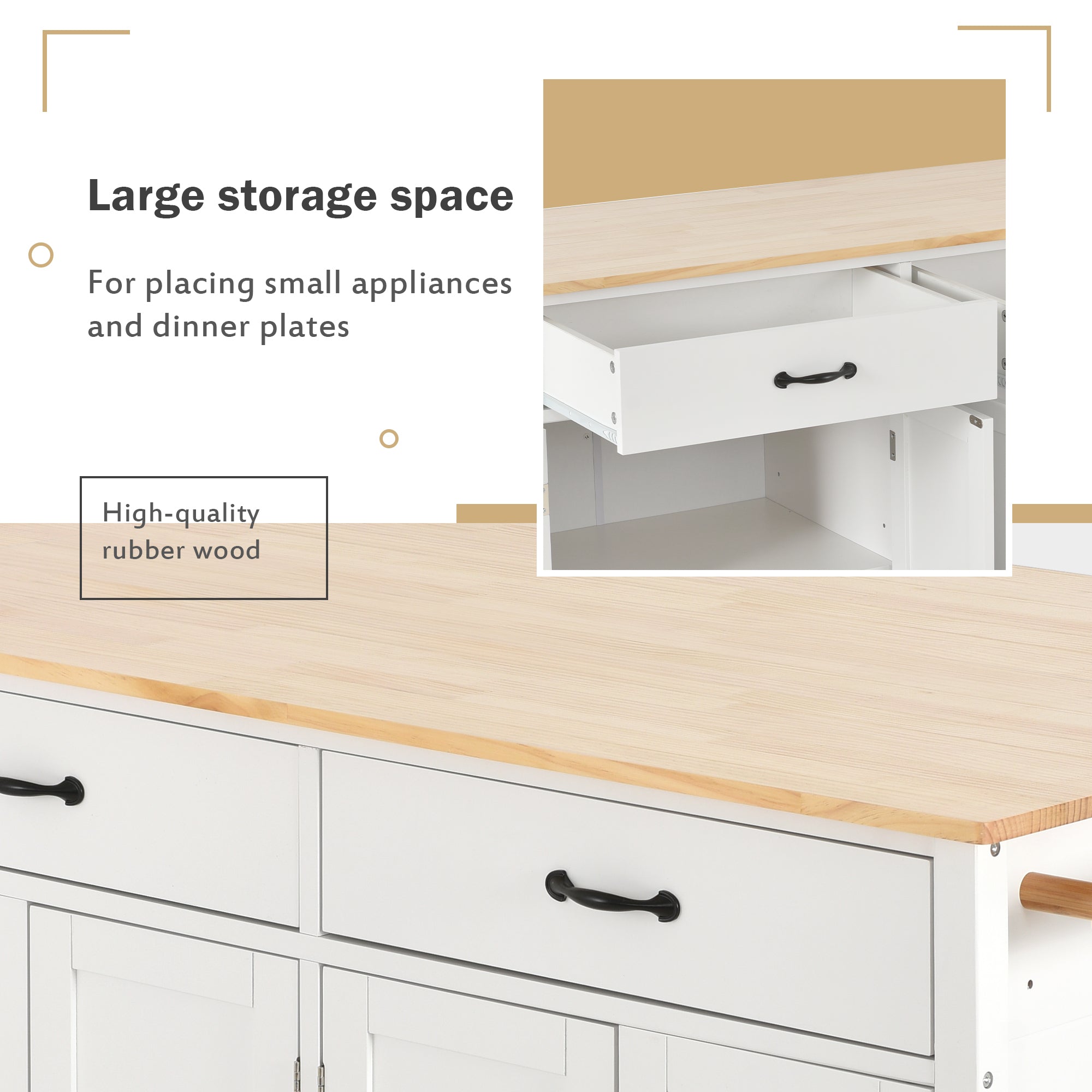 Kitchen Island Cart with Solid Wood Top and Locking Wheels 54.3 Inch Width (White)