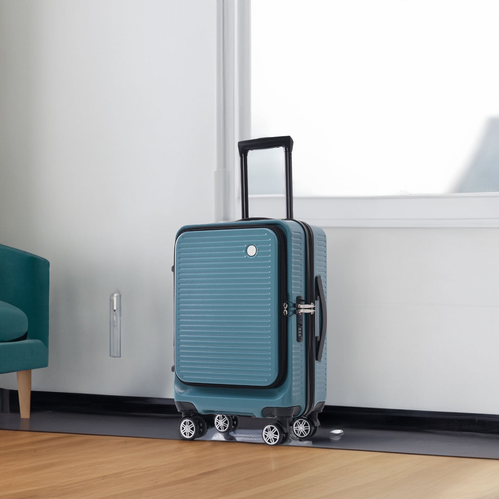 Carry-on Luggage 20 Inch Front Open Luggage Lightweight Suitcase with Front Pocket and USB Port, 1 Portable Carrying Case Blue
