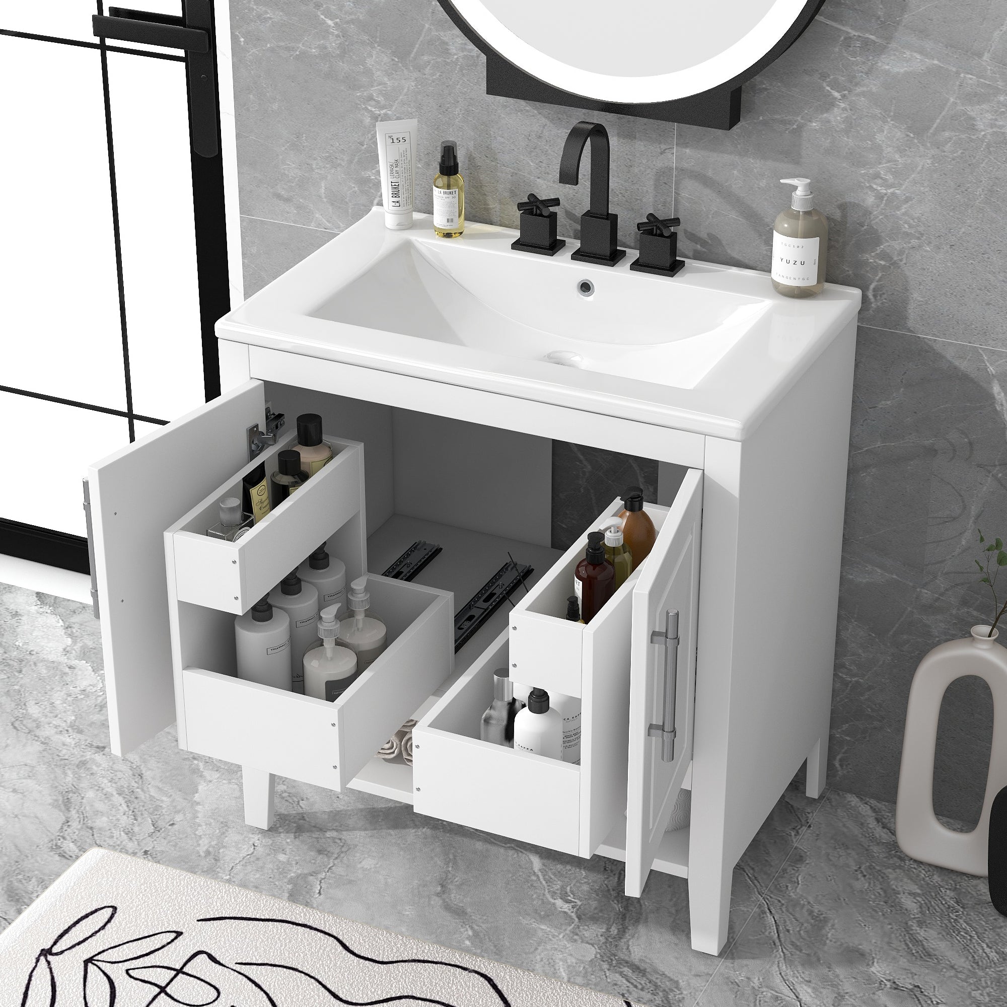 30" Bathroom Vanity with Sink Multi-functional Bathroom Cabinet with Doors and Drawers Solid Frame and MDF Board, White