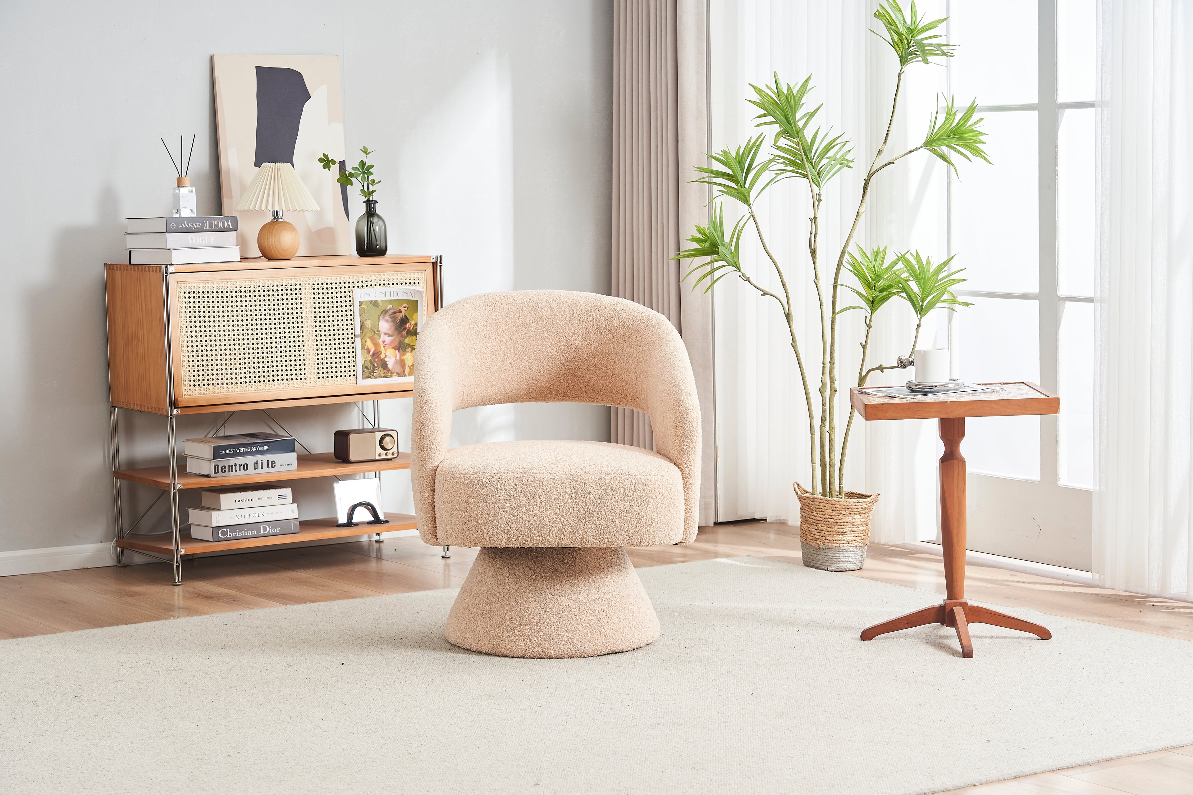 Swivel Accent Chair Armchair Round Barrel Chair in Fabric for Living Room Bedroom Nude Teddy