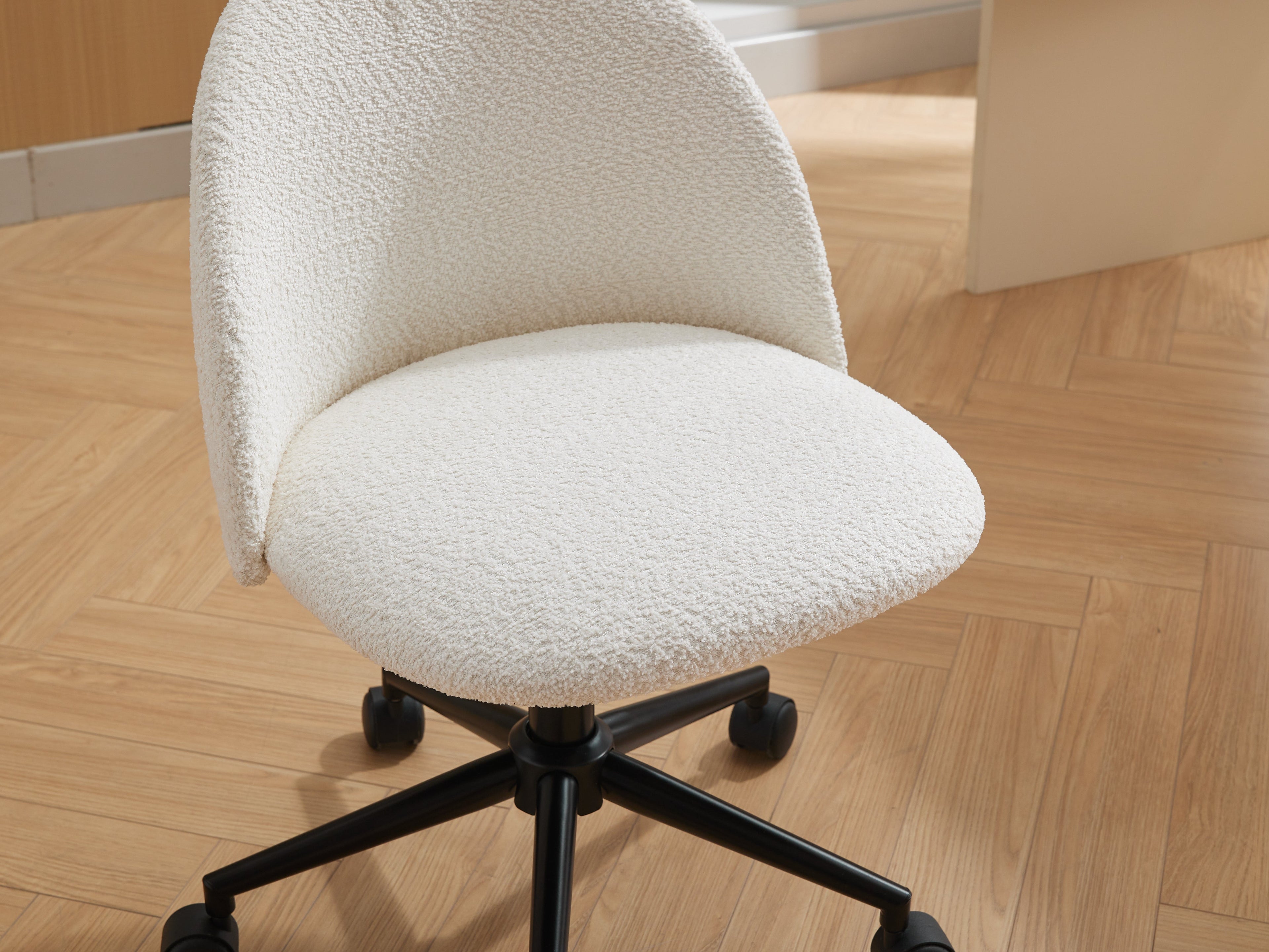 Velvet fabric office chair, mid back adjustable rotating computer chair, black legs, cushioned office chair with wheels ,White