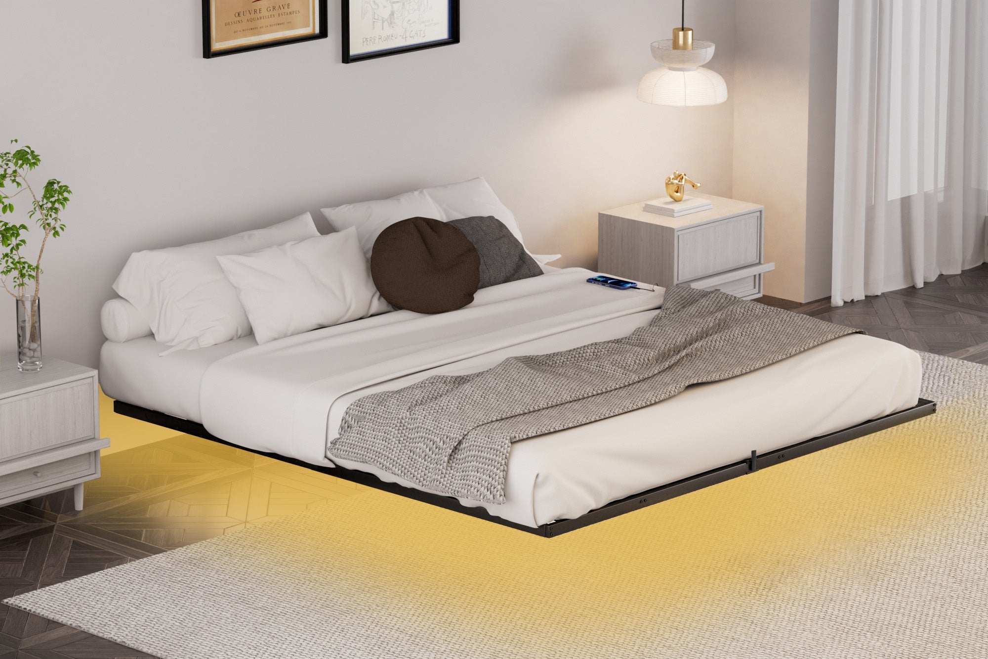 Floating Bed Frame King Size with LED Lights & charging station, Metal Platform Queen Bed, 79.9&