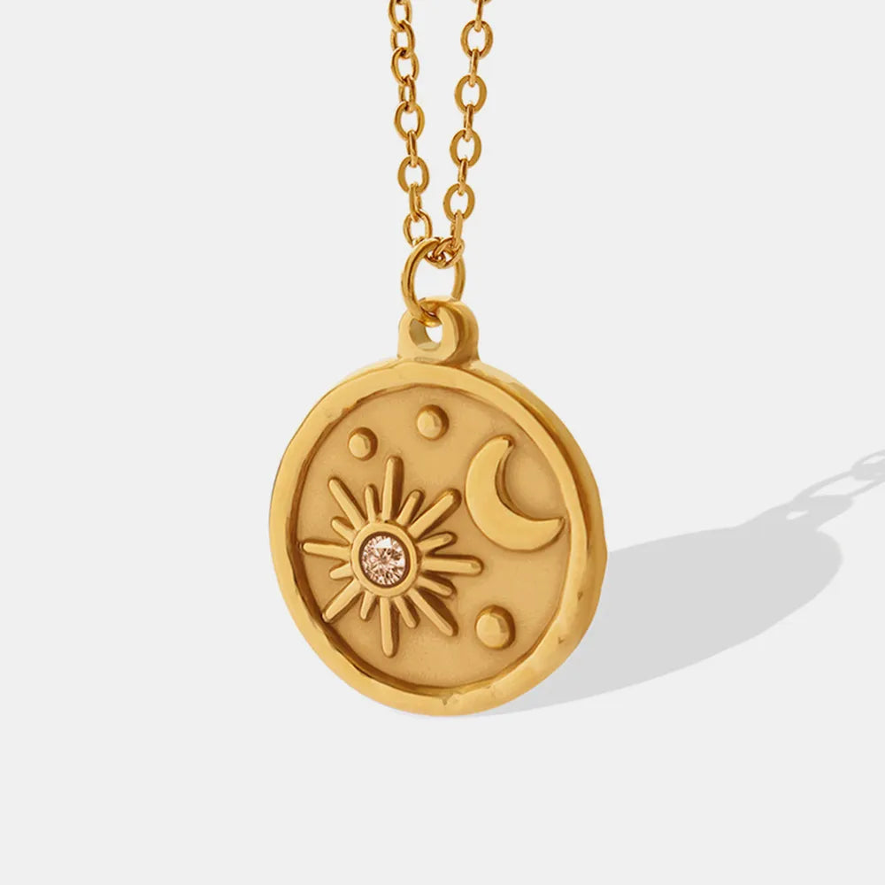 Zircon Star Moon Romantic Necklace Titanium Steel Gold Plated Round Pendant Neck Chain