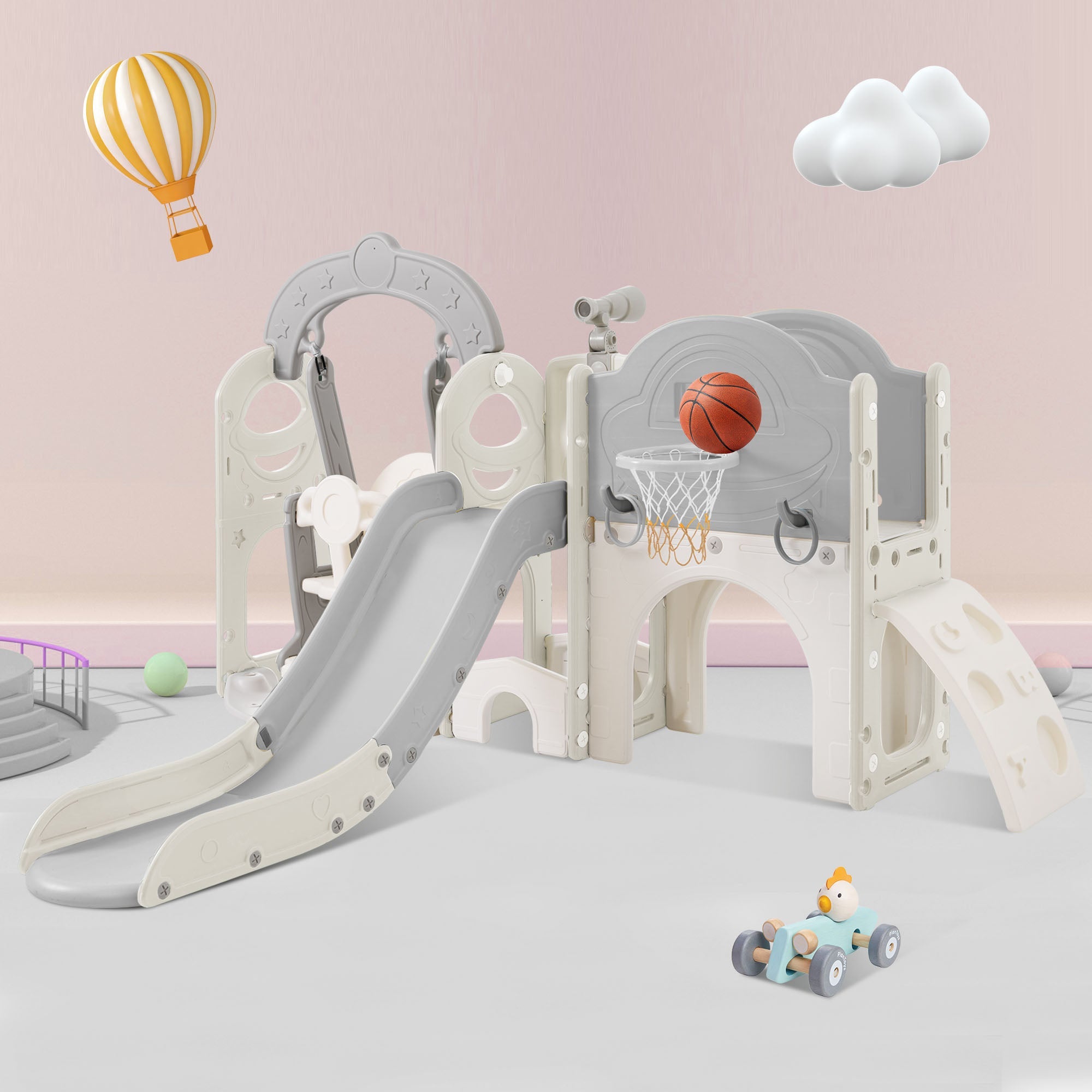 Toddler Slide and Swing Set 7 in 1, Kids Playground Climber Slide Playset with Basketball Hoop Freestanding Combination