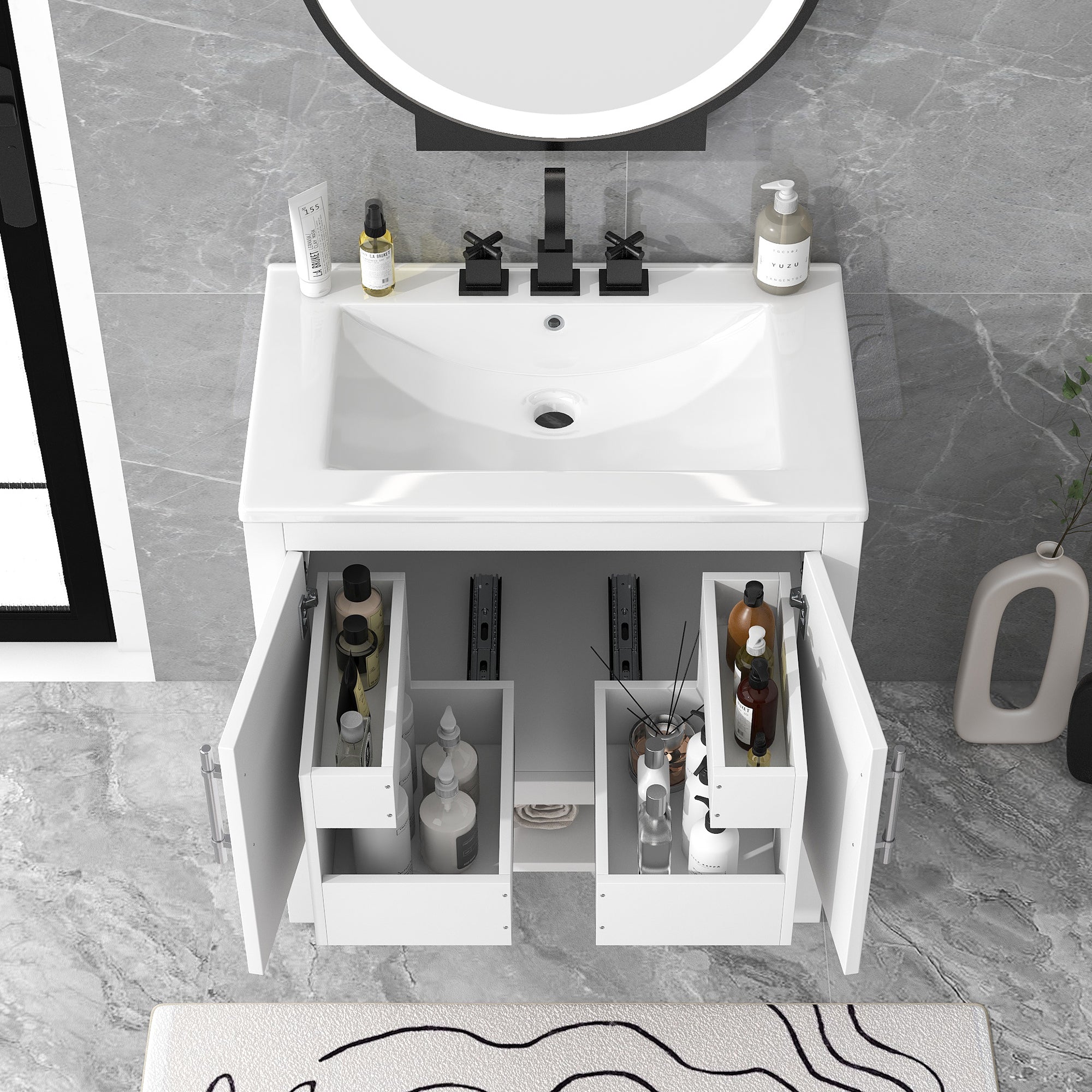 30" Bathroom Vanity with Sink Multi-functional Bathroom Cabinet with Doors and Drawers Solid Frame and MDF Board, White