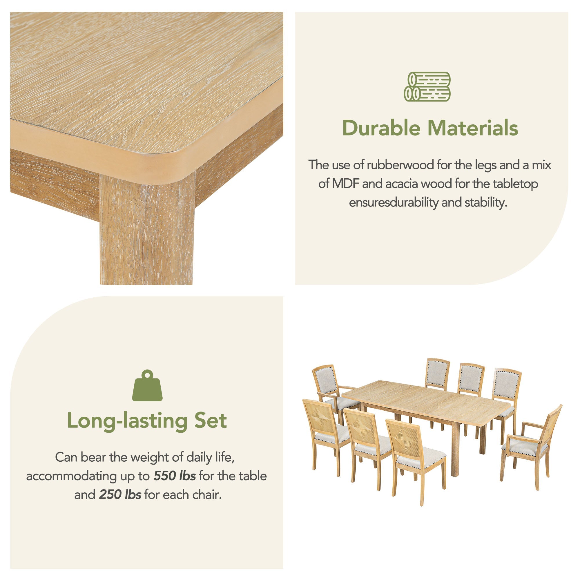 TOPMAX expandable 84 inch dining table set with 24 inch detachable leaves, 6 armless chairs and 2 armchairs 9 pieces natural