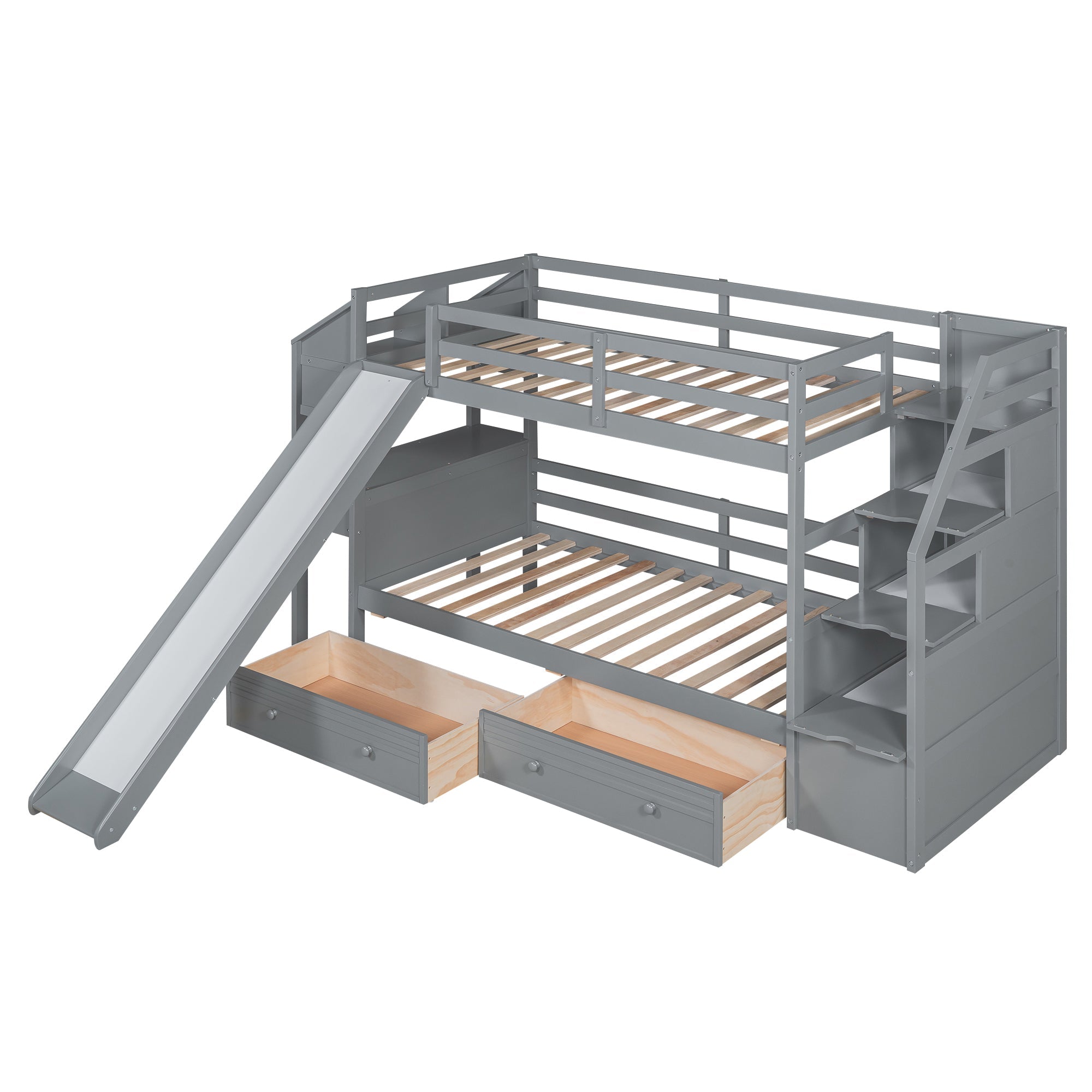 Twin over Twin Bunk Bed with Storage Staircase, Slide and Drawers, Desk with Drawers and Shelves Gray