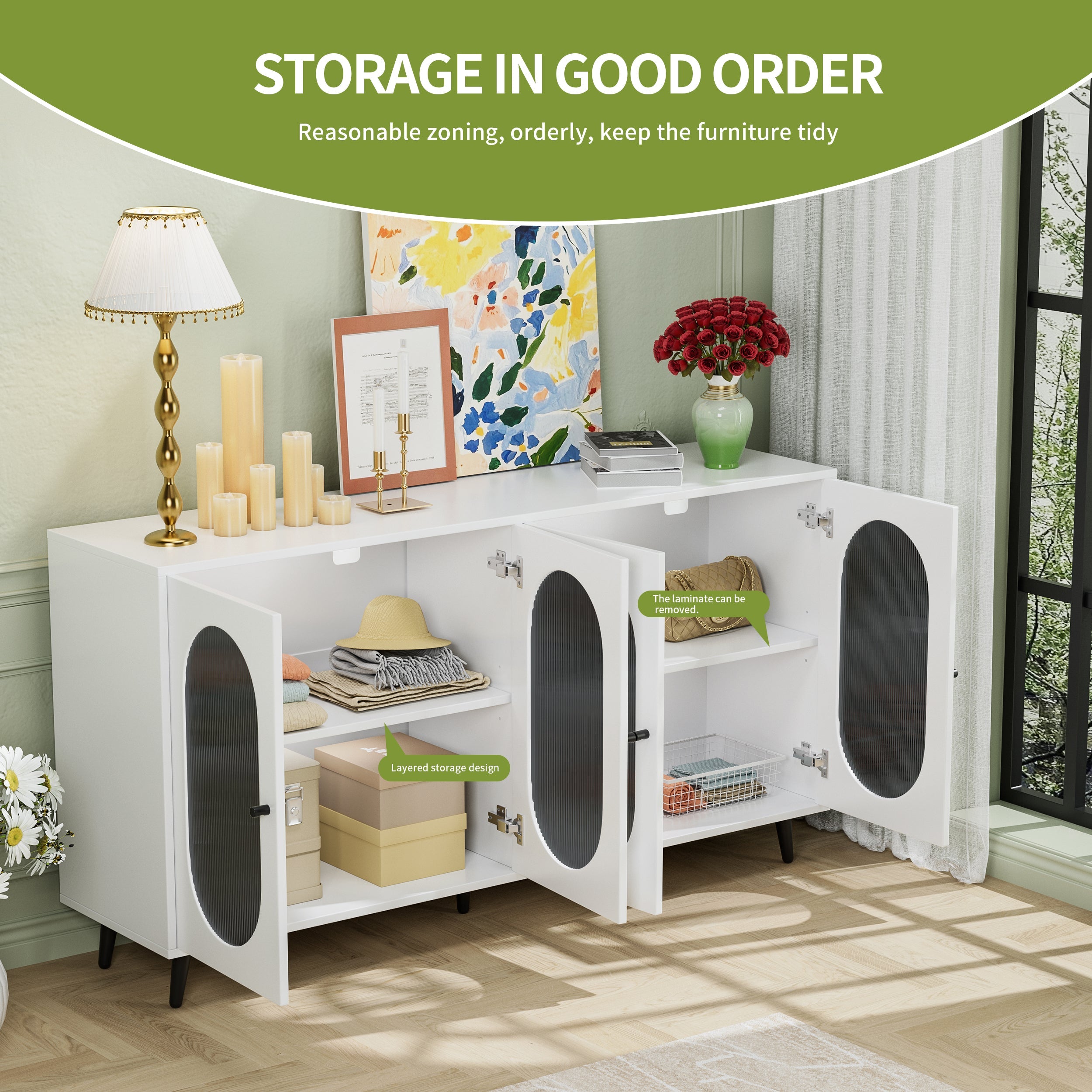 Modern Accent Sideboard Cabinet with Acrylic Doors, Freestanding Storage Cupboard Console Table for Kitchen Dining White