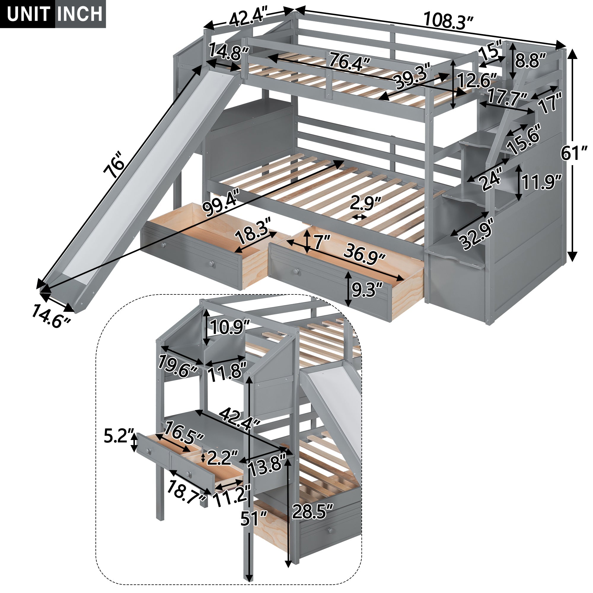 Twin over Twin Bunk Bed with Storage Staircase, Slide and Drawers, Desk with Drawers and Shelves Gray