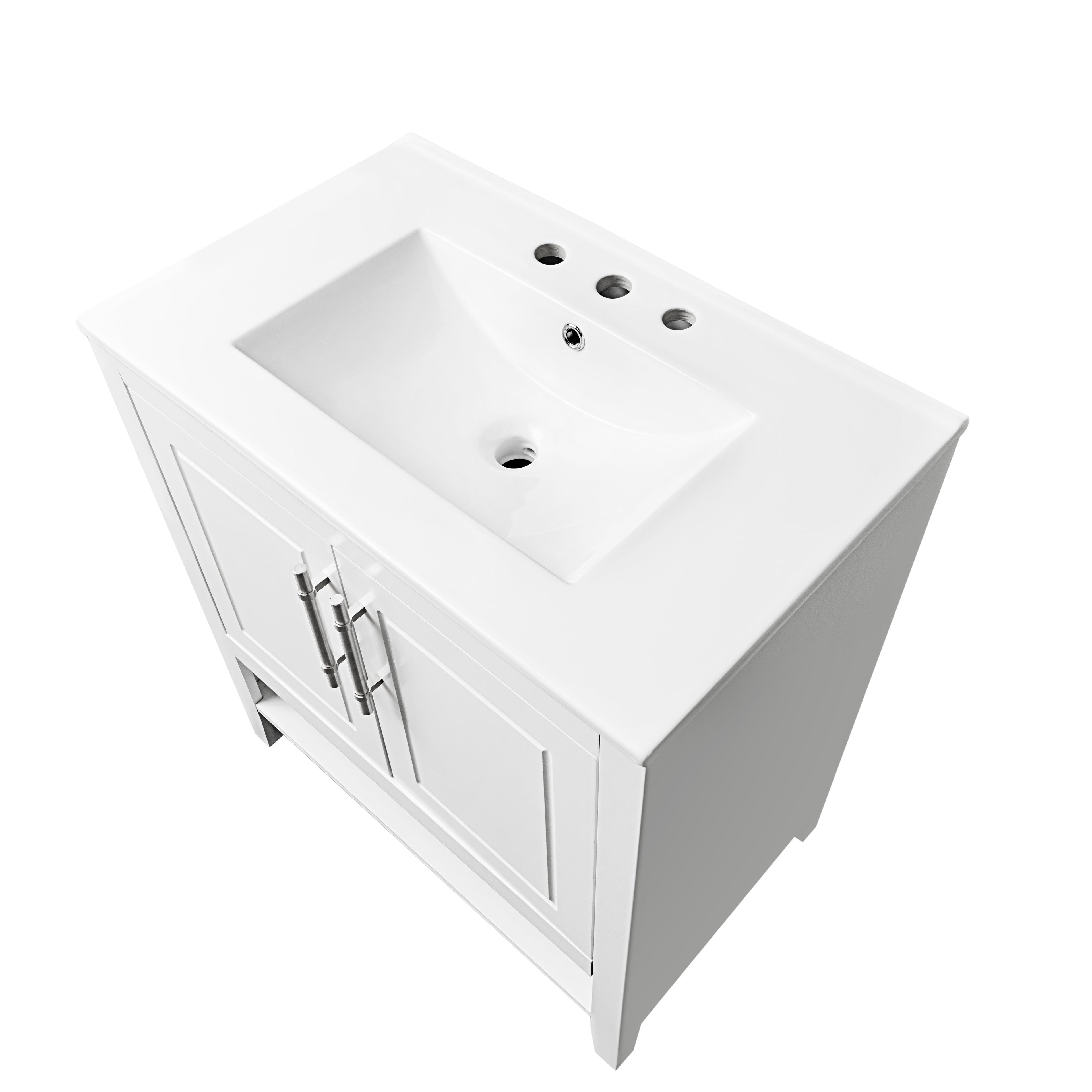 30" Bathroom Vanity with Sink Multi-functional Bathroom Cabinet with Doors and Drawers Solid Frame and MDF Board, White