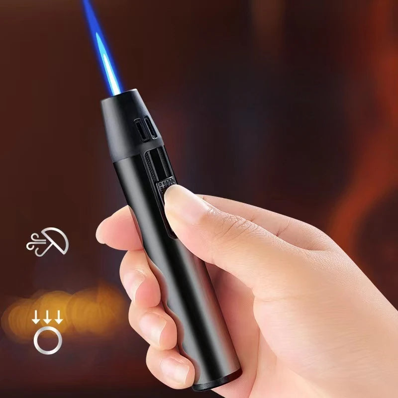 Pen Metal Lighter Mini Spray Gun Inflatable Windproof Butane Gas Lighter Adjustable Straight Shot Blue Flame Cigarette Tools