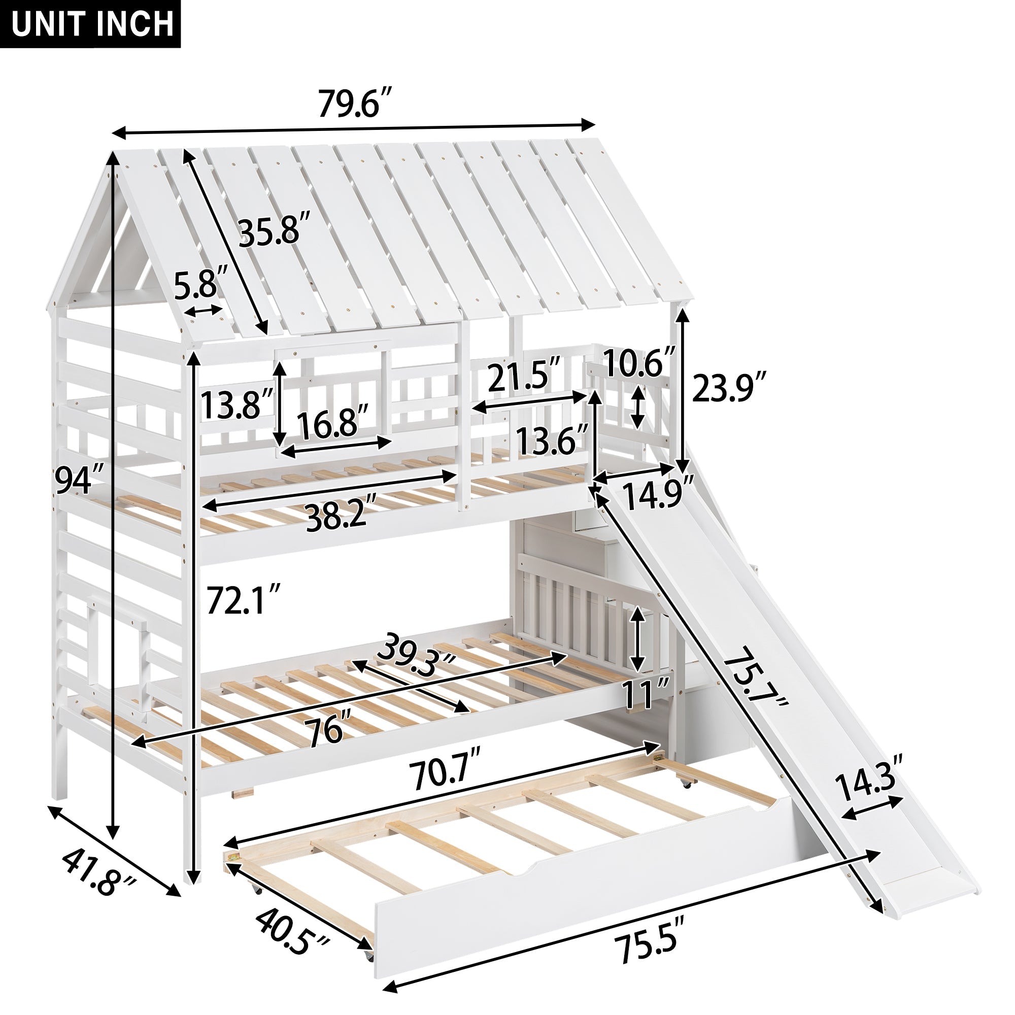 Twin over Twin House Bunk Bed with Trundle and Slide Storage Staircase Roof and Window Design White