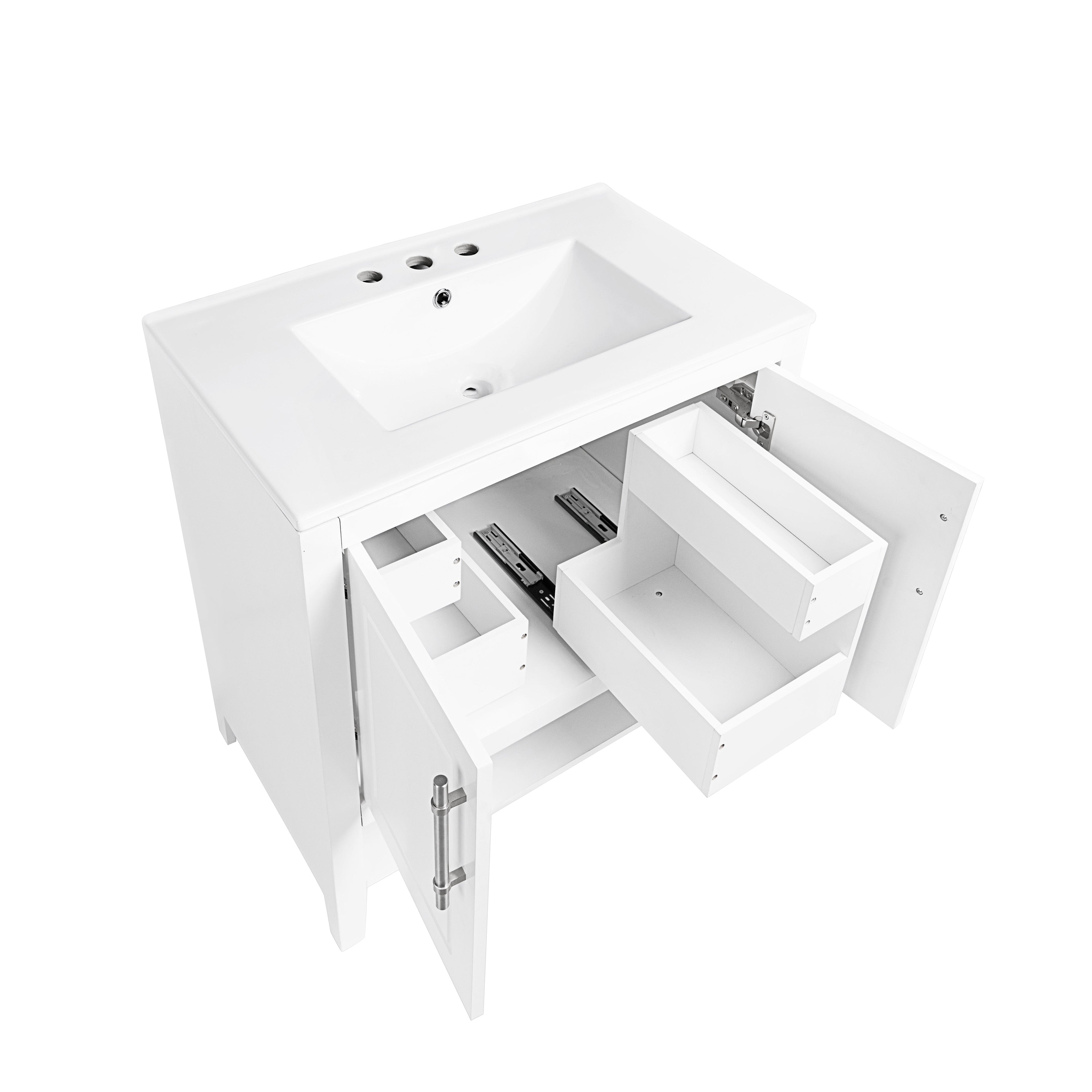 30" Bathroom Vanity with Sink Multi-functional Bathroom Cabinet with Doors and Drawers Solid Frame and MDF Board, White
