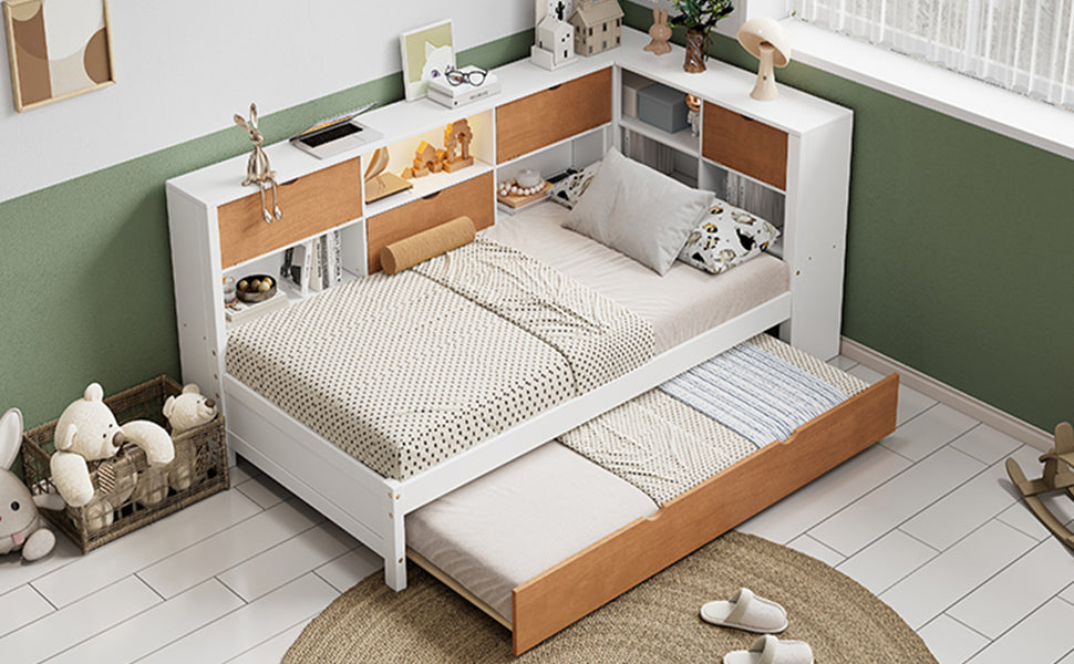 L-shaped bed frame with luggage and bookshelf, corner bed wooden captain&