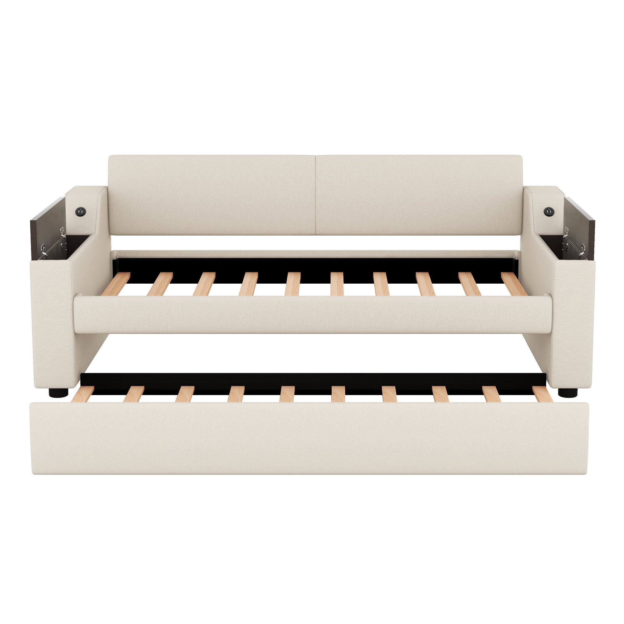 Twin Size Upholstery Daybed with Storage Arms Trundle and USB Design Beige