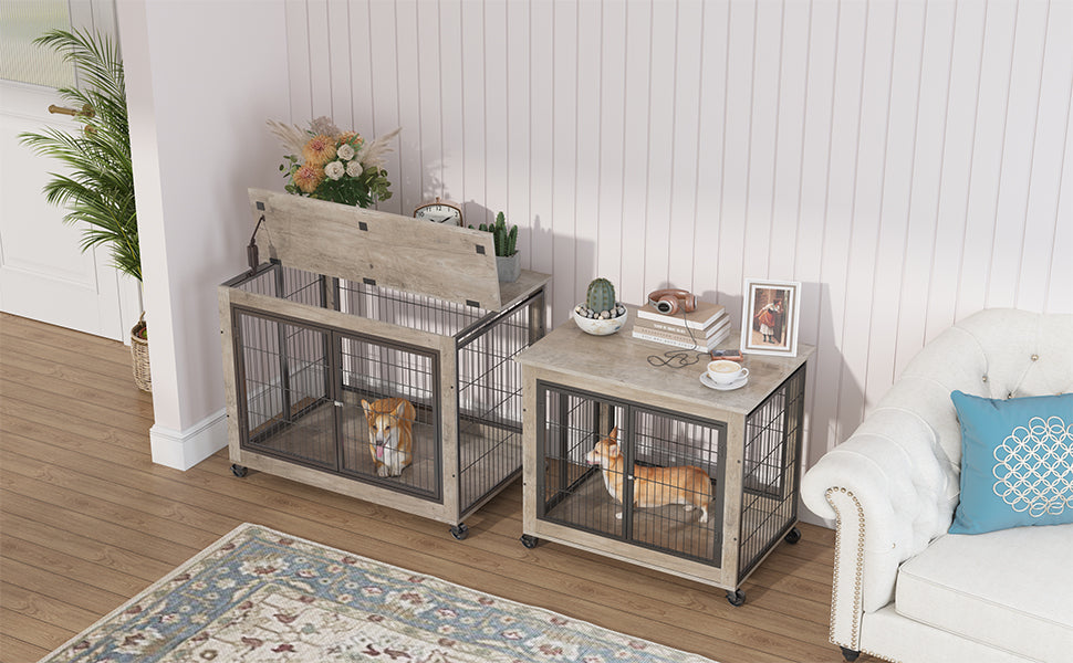 Furniture Style Dog Crate Side Table on Wheels with Double Doors and Lift Top.Grey,38.58&