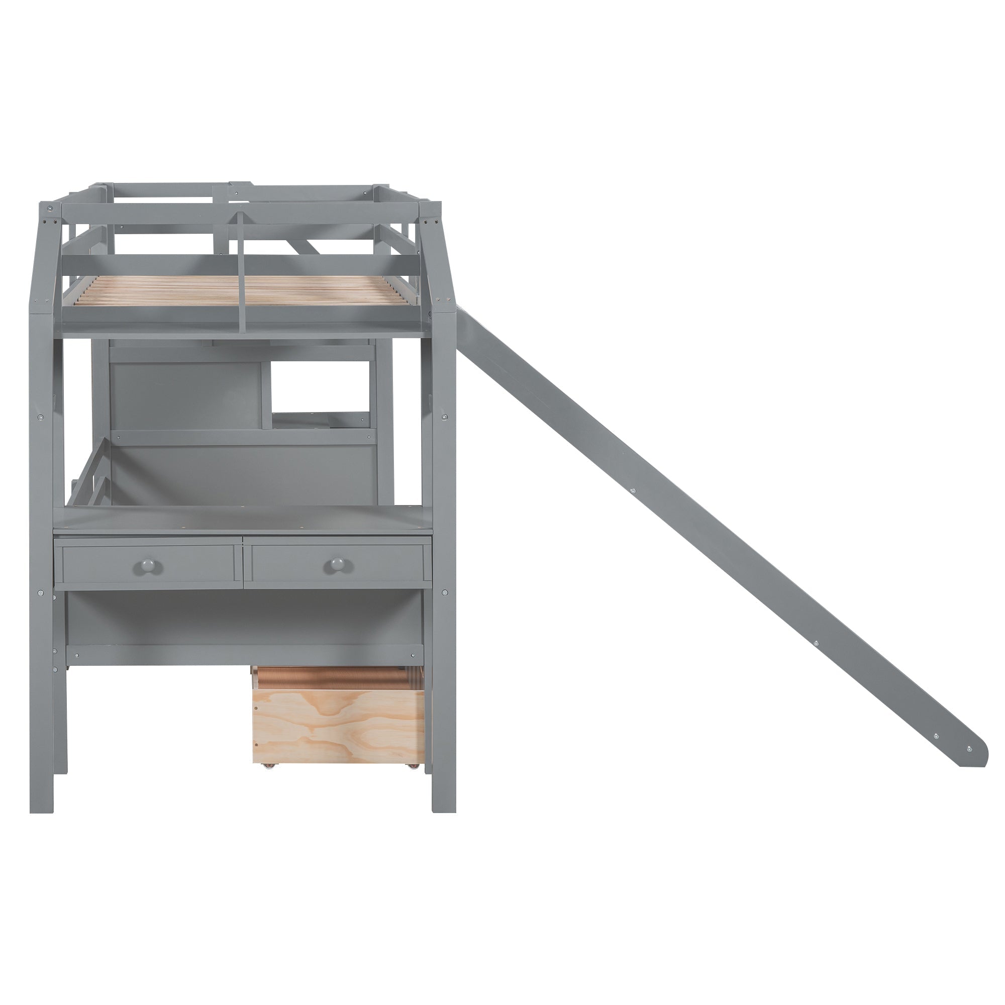 Twin over Twin Bunk Bed with Storage Staircase, Slide and Drawers, Desk with Drawers and Shelves Gray