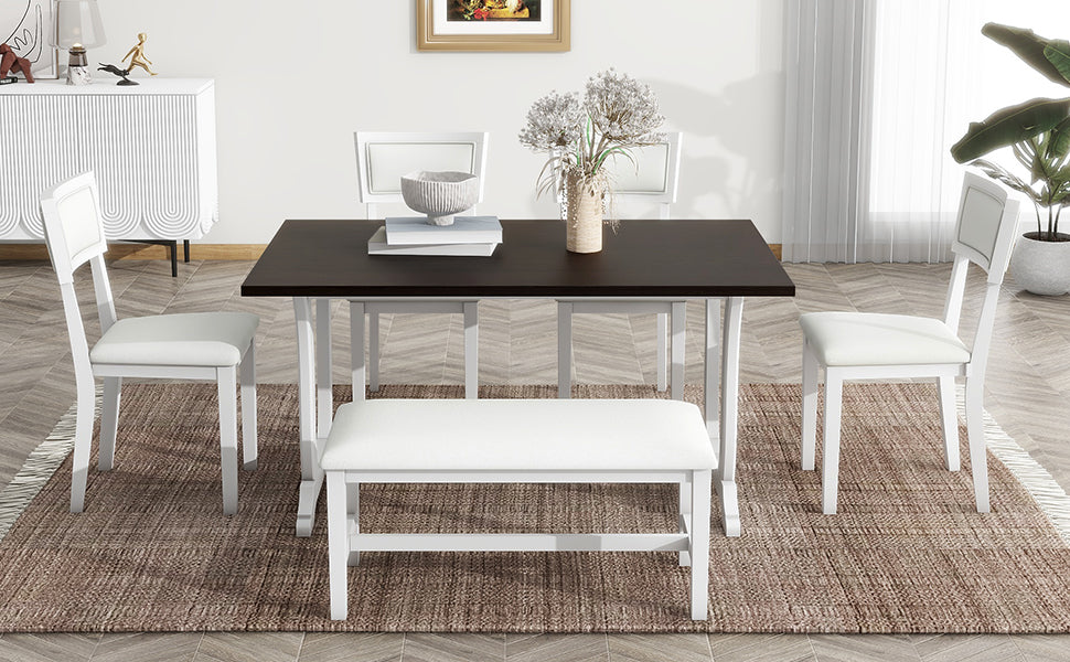 TOPMAX Farmhouse 6-Piece Trestle Dining Table Set with Upholstered Dining Chairs and Bench 59inch, White