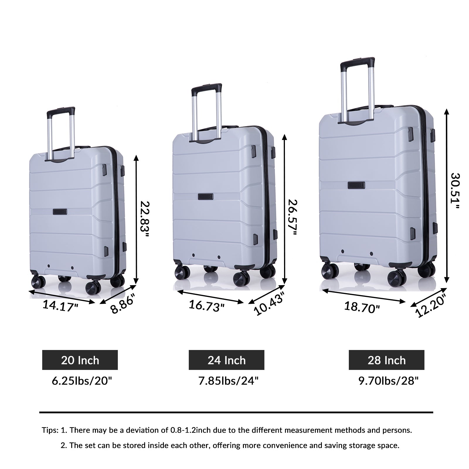 Hardshell Suitcase Spinner Wheels PP Luggage Sets Lightweight Suitcase with TSA Lock,3-Piece Set (20/24/28) ,Silver