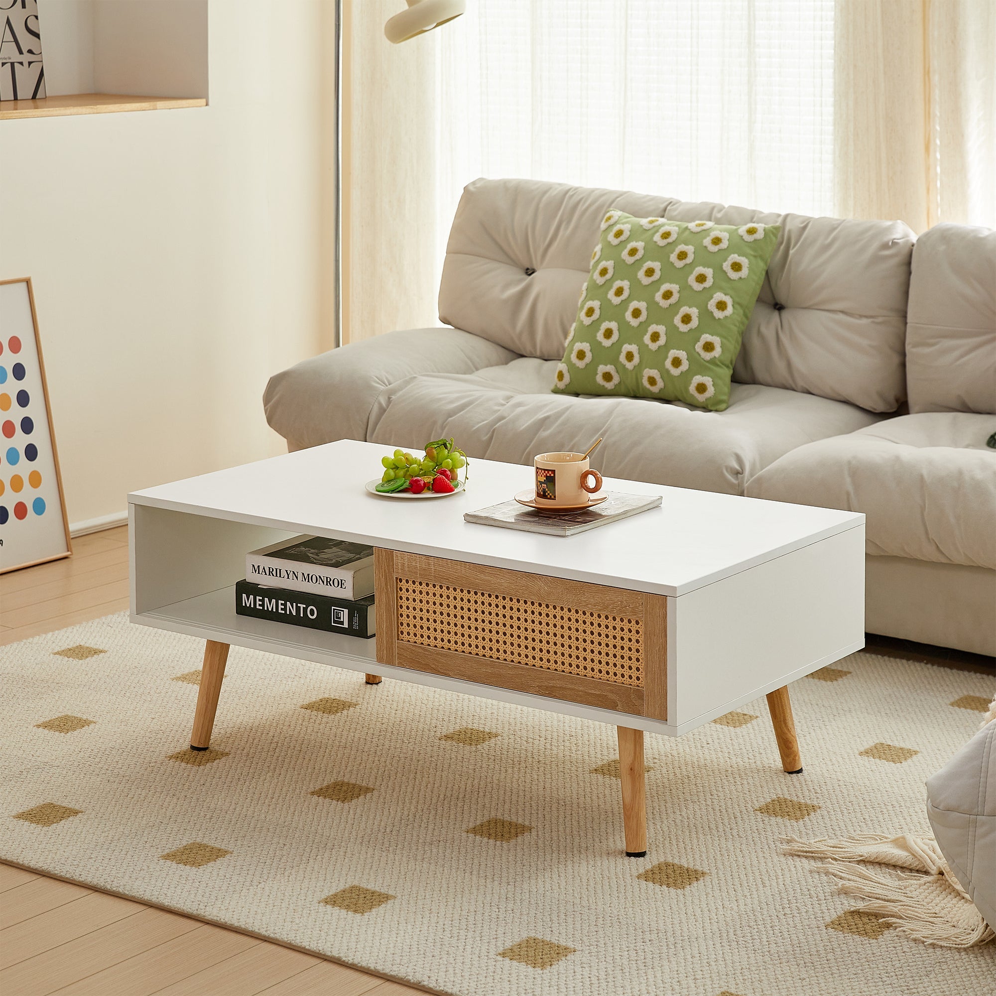 41.34" Rattan Coffee table sliding door for storage solid wood legs White