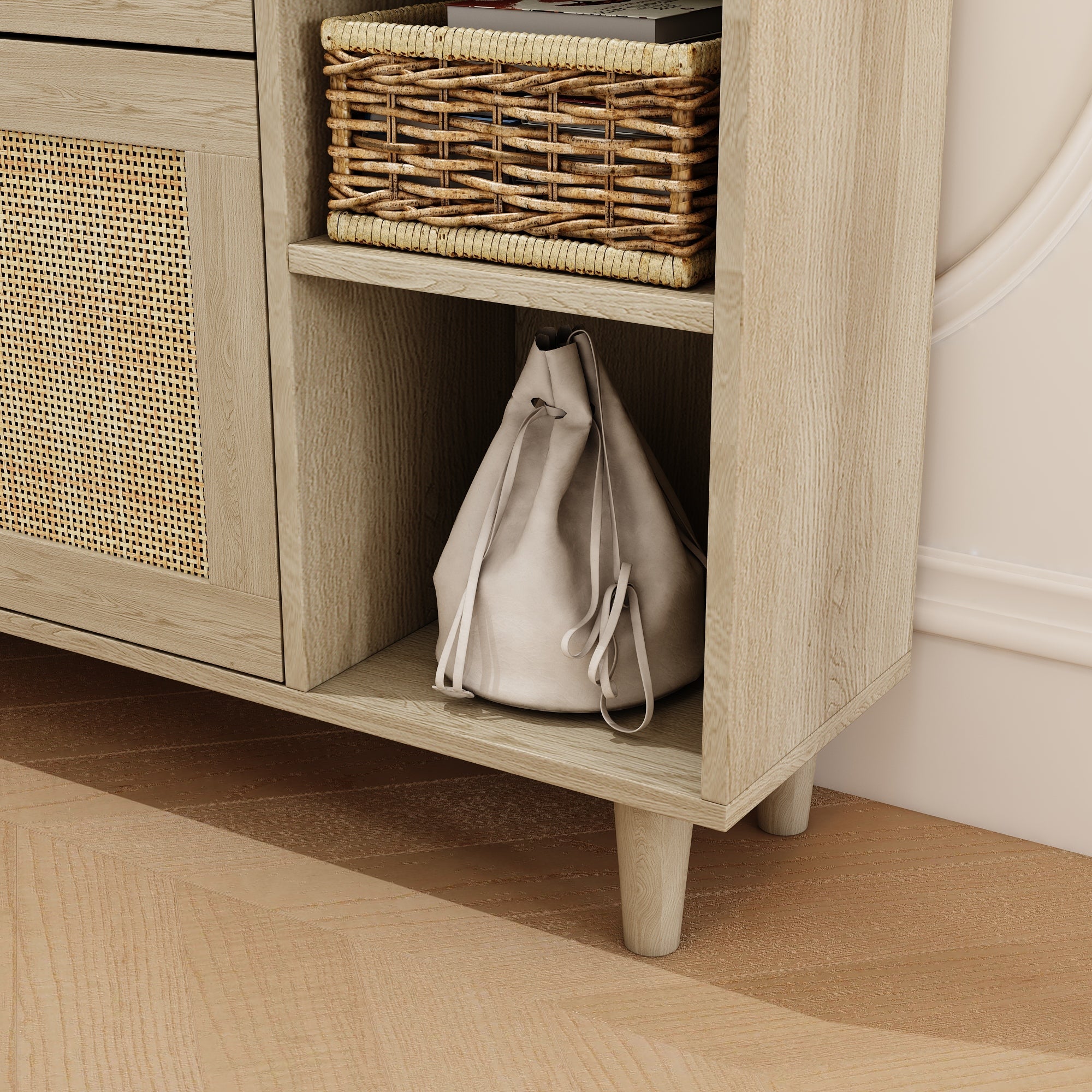 Natural Bohemian style shoe cabinet with 3 rattan flip drawers, 3 square shelves, and 1 storage drawer, Natural