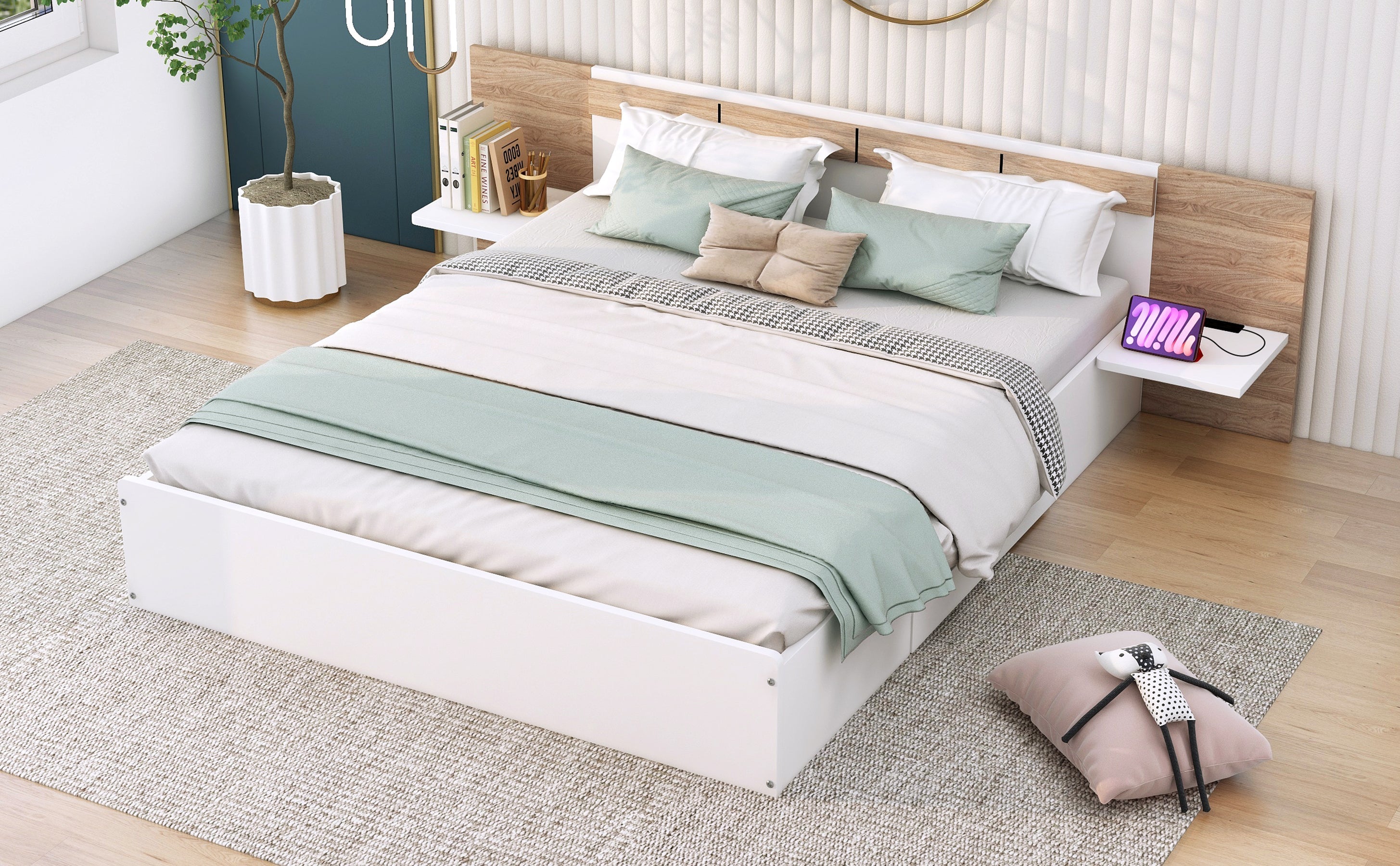 Queen Size Platform Bed with Headboard, Drawers, Shelves, USB Ports and Sockets White