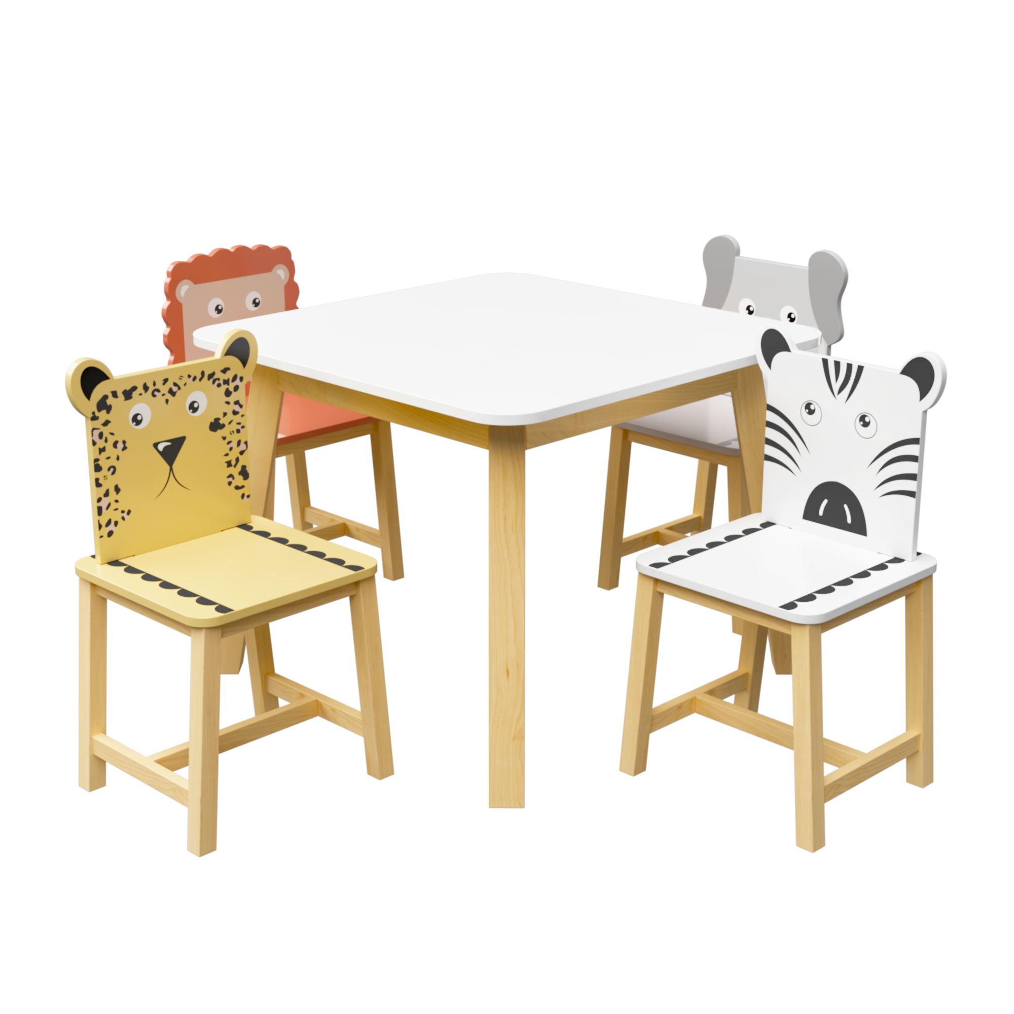 5 Piece Kiddy Table and Chair Set Kids Wood Table with 4 Chairs Set Cartoon Animals (bigger table) (3-8 years old)