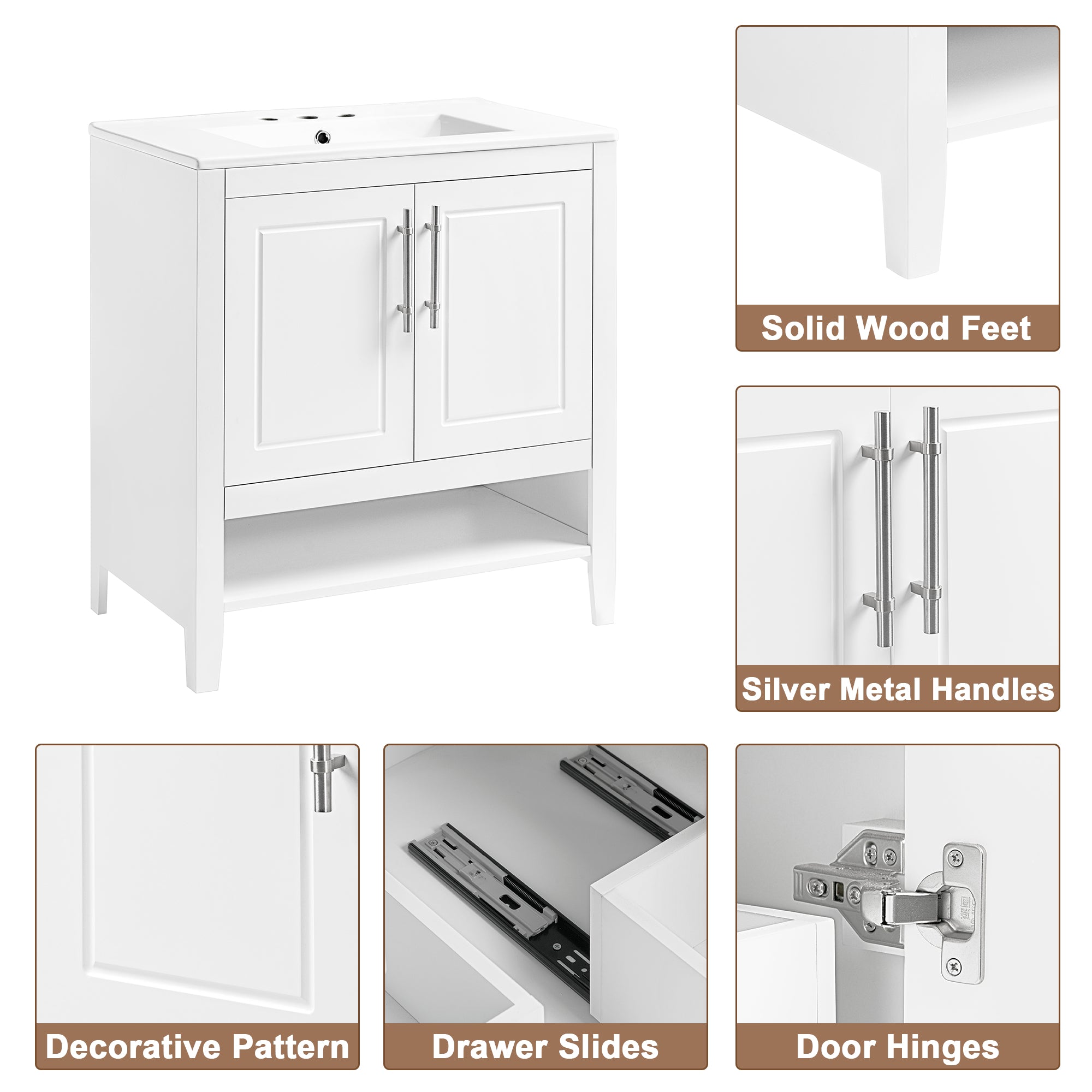 30" Bathroom Vanity with Sink Multi-functional Bathroom Cabinet with Doors and Drawers Solid Frame and MDF Board, White