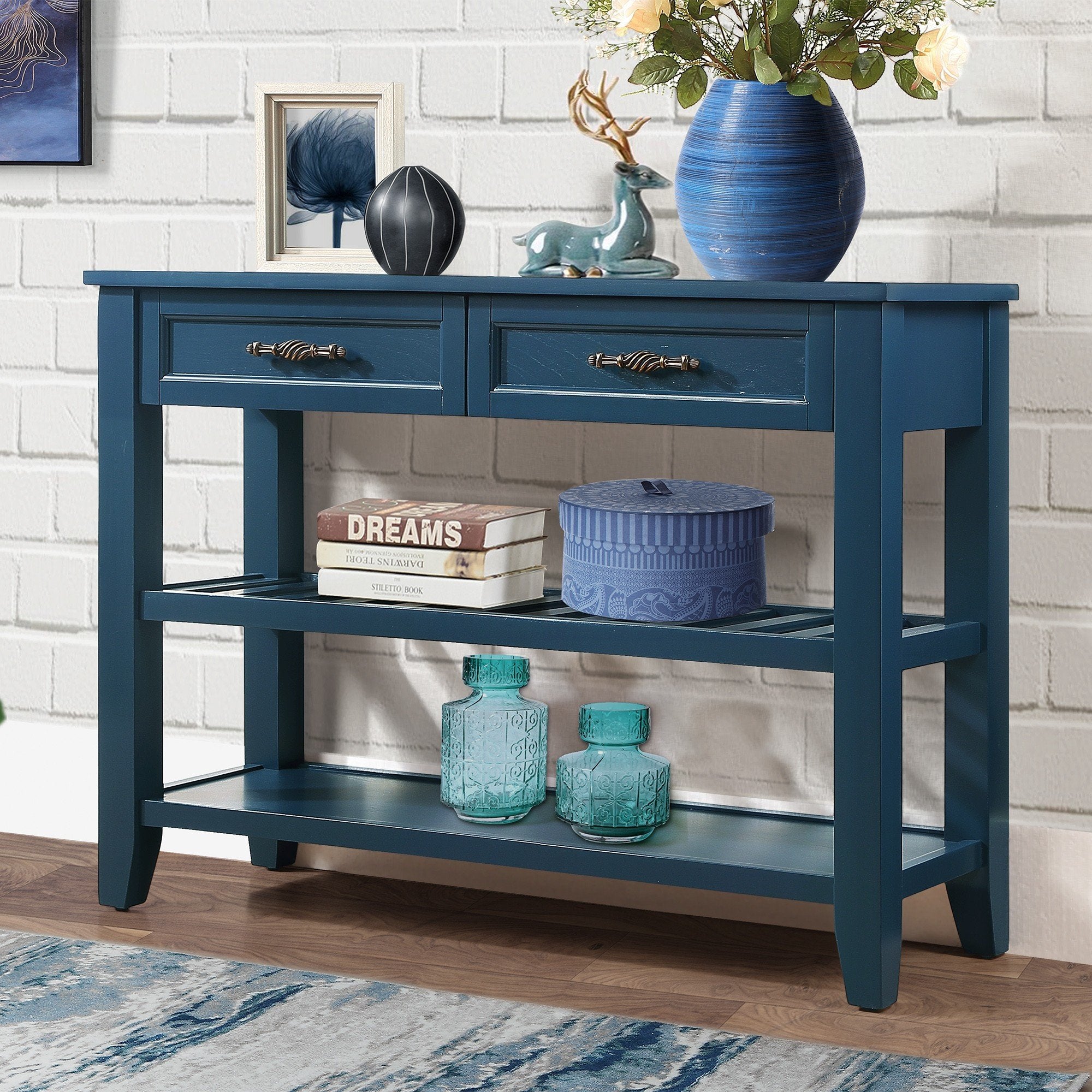 Console Sofa Table with 2 Storage Drawers and 2 Tiers Shelves Mid-Century Style 42&