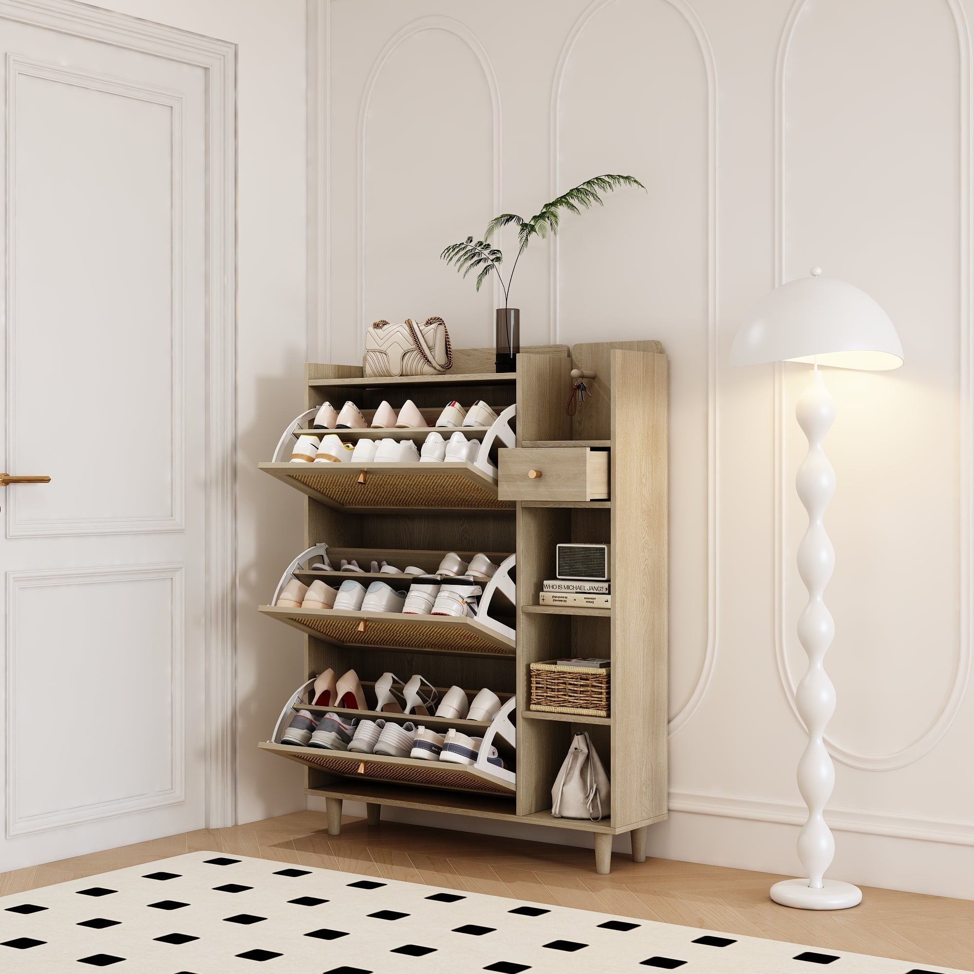 Natural Bohemian style shoe cabinet with 3 rattan flip drawers, 3 square shelves, and 1 storage drawer, Natural