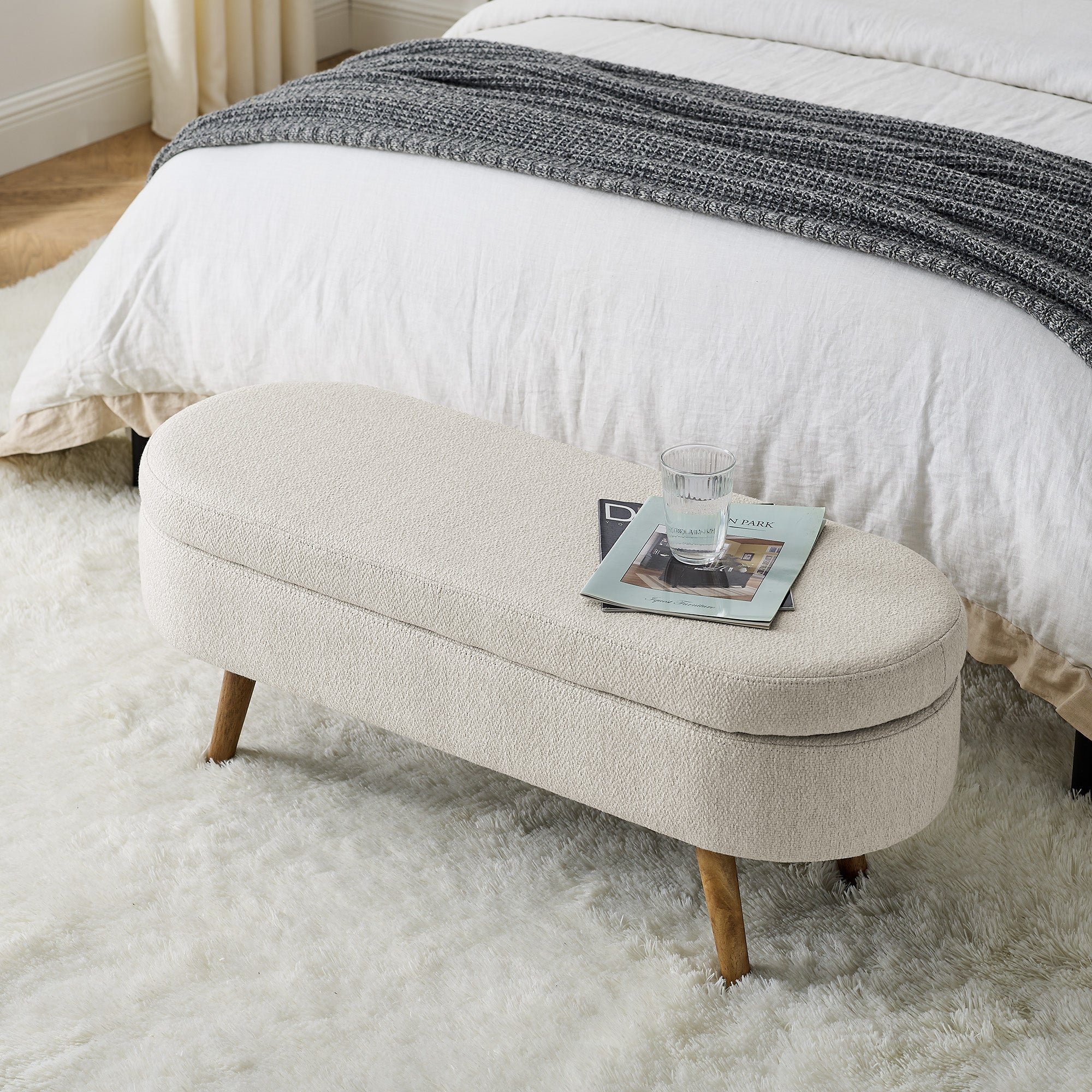 Ottoman Oval Storage Bench Rubber Wood Legs Beige(43.5"x16"x16")