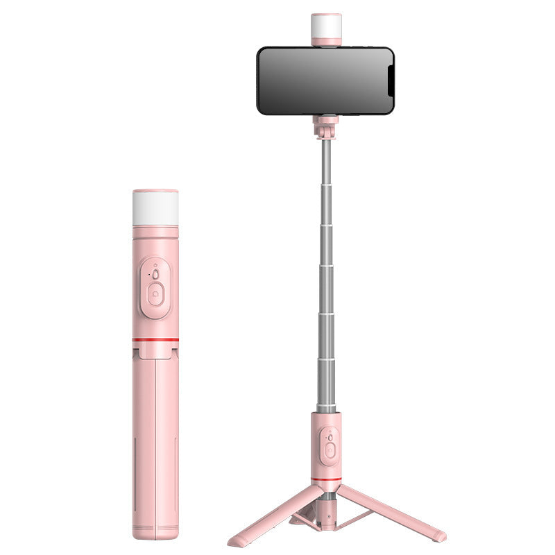Mobile Phone Bluetooth Selfie Stick with Rotating Fill Light and Hidden Tripod Live Streaming Stand