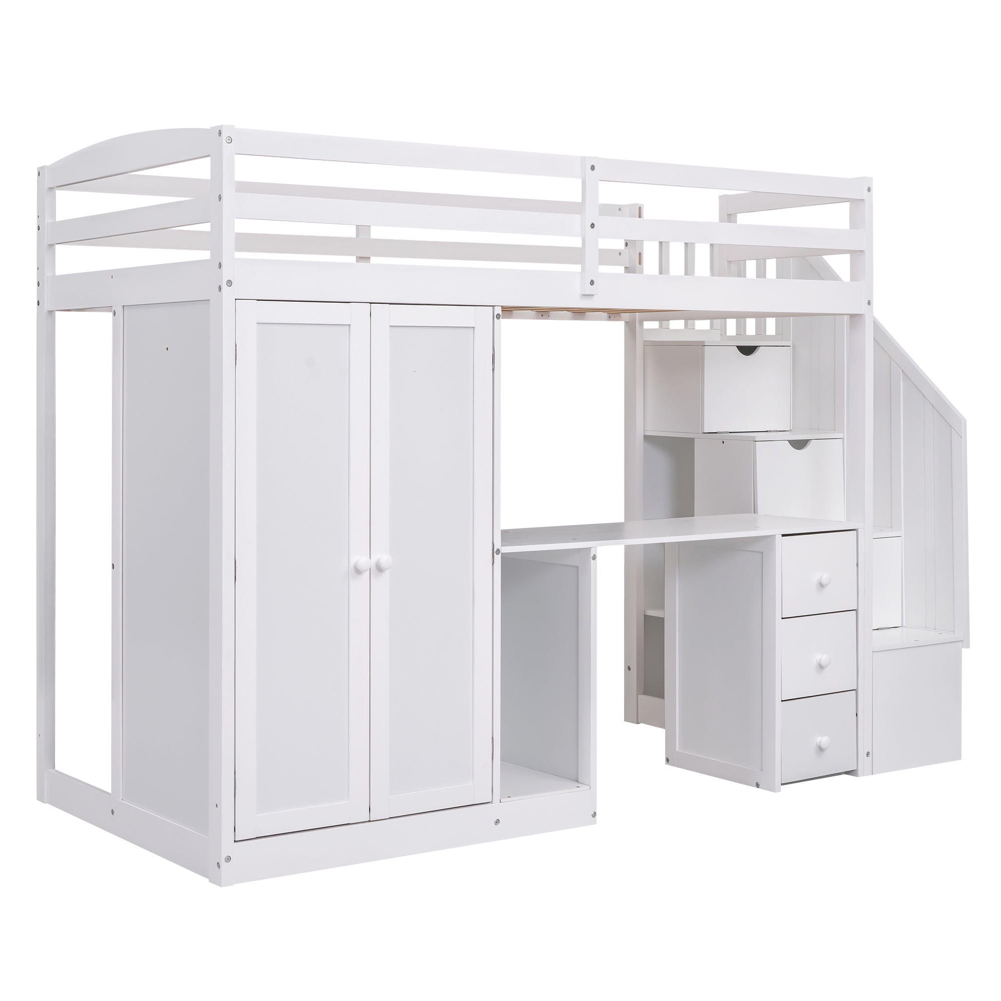 Twin Size Loft Bed with Wardrobe and Staircase, Desk and Storage Drawers and Cabinet in 1 White