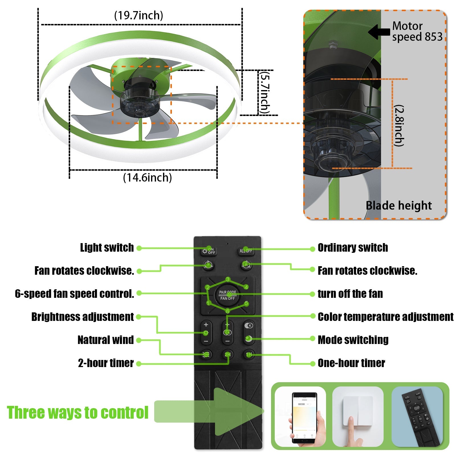 Green Dimmable LED Ceiling Fan