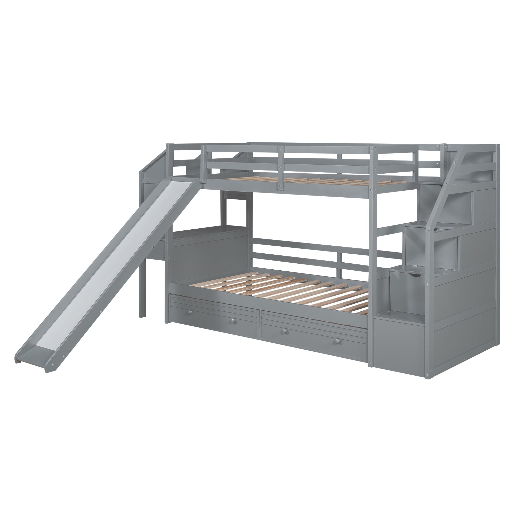 Twin over Twin Bunk Bed with Storage Staircase, Slide and Drawers, Desk with Drawers and Shelves Gray