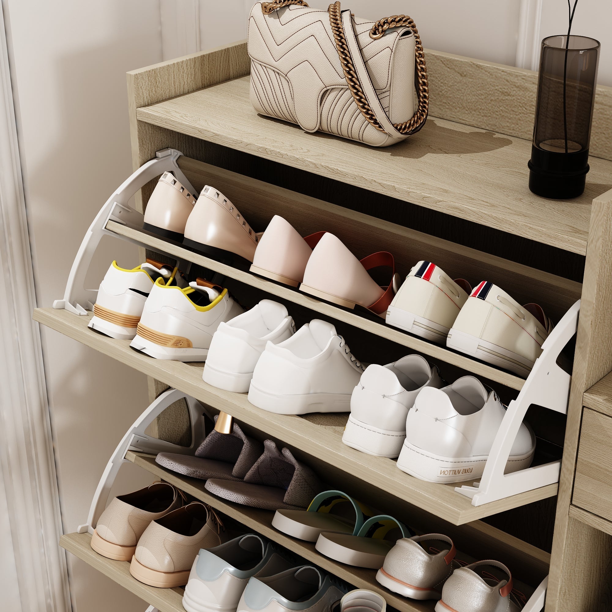 Natural Bohemian style shoe cabinet with 3 rattan flip drawers, 3 square shelves, and 1 storage drawer, Natural