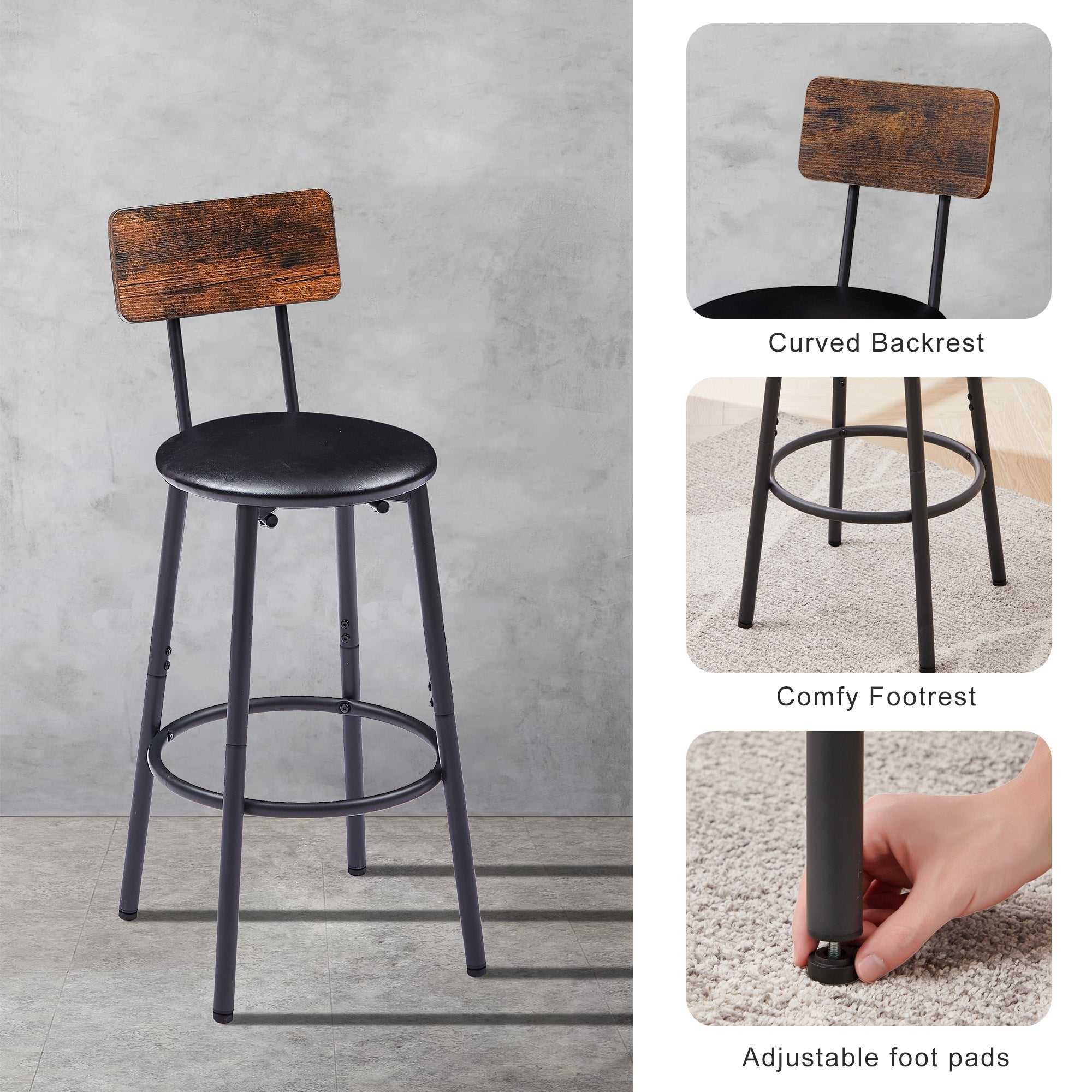 Round bar stool set with shelf upholstered stool with backrest Rustic Brown 23.62&